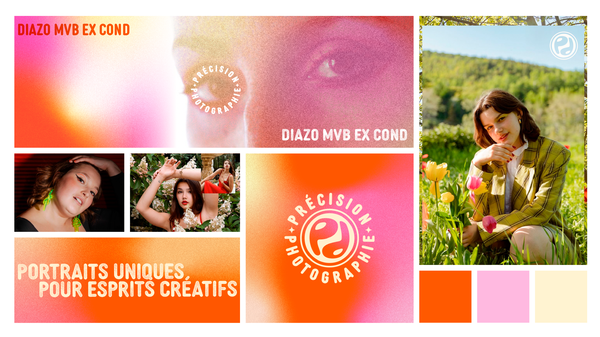 Collage de plusieurs photos de portraits de femmes dans un style créatif, avec un fond coloré en dégradé de rose, orange et jaune, comprenant un texte en français "Portraits uniques pour esprits créatifs" et un logo de photographie.