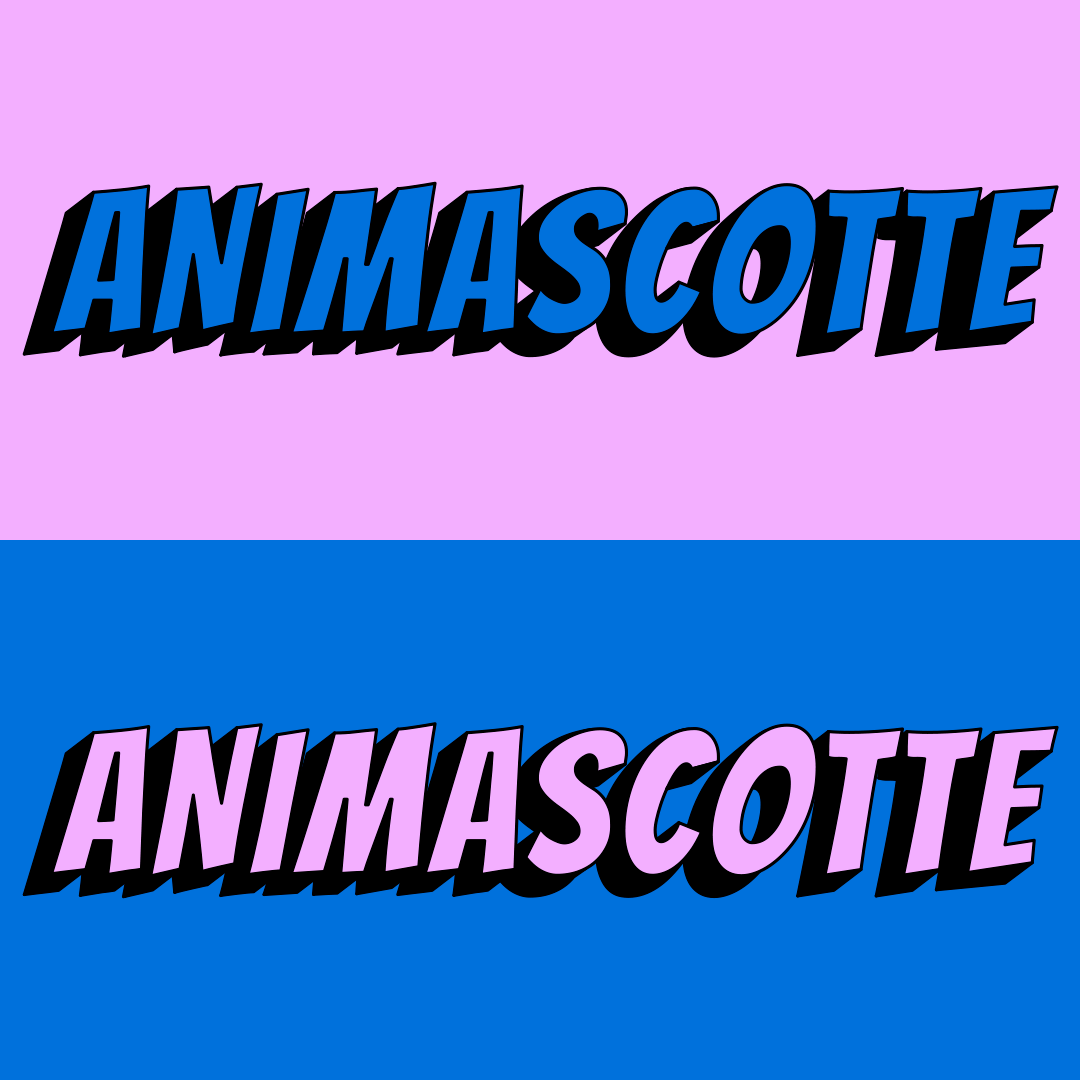 Deux bandes colorées avec le mot 'ANIMASCOTTE' écrit en grosses lettres : la première bande rose avec du violet et la deuxième bleue avec du rose, en style graphique.