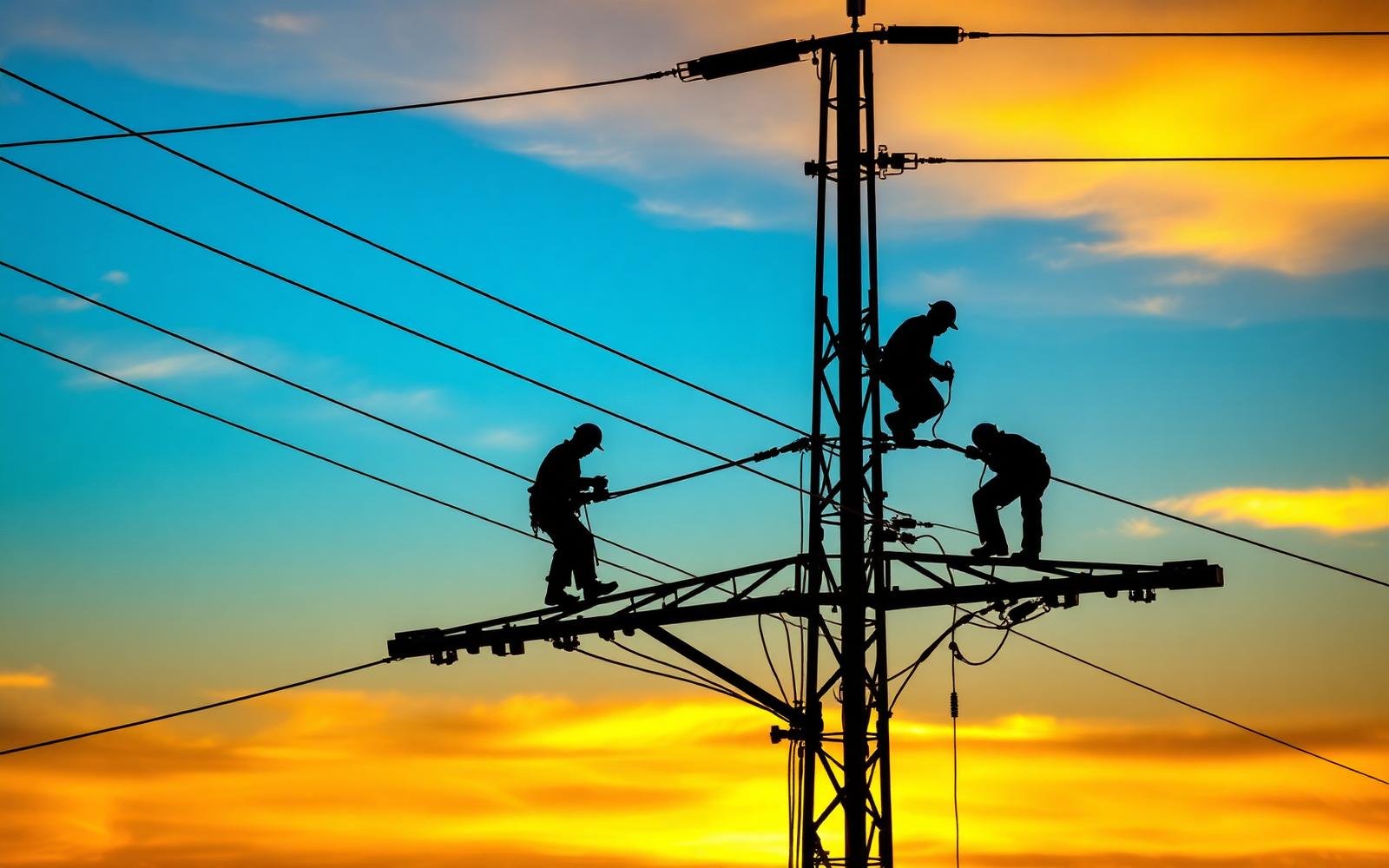 Silhouettes of three utility workers working on power lines at sunset, with a colorful sky in the background.