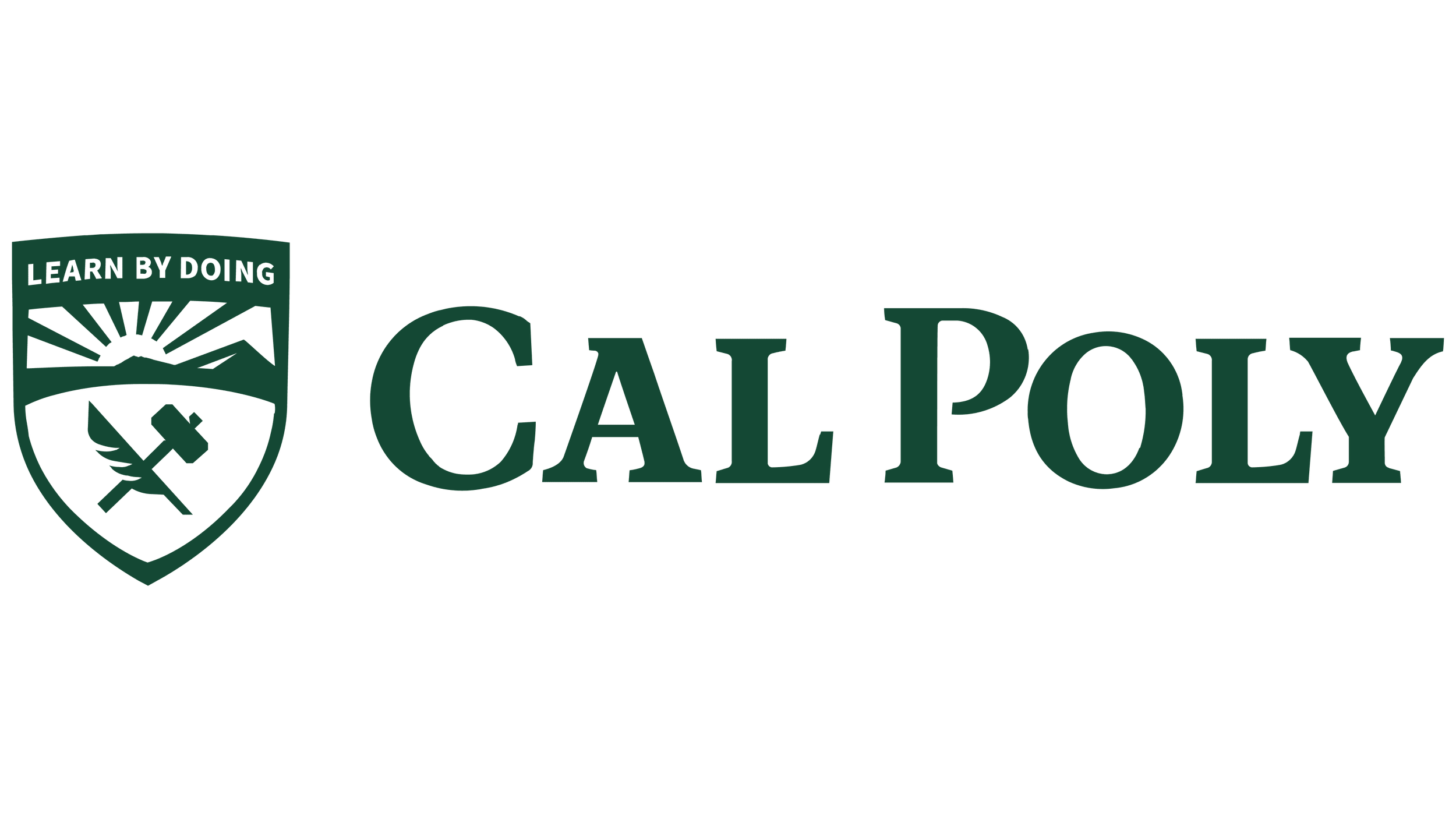 Cal Poly logo with a shield emblem featuring a mountain, sun rays, an axe, and a pickaxe, alongside the text 'LEARN BY DOING' and 'CAL POLY' in green.