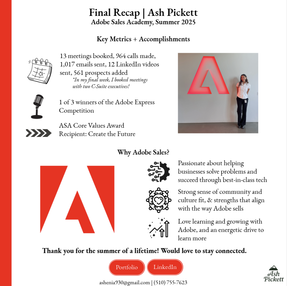 Final recap page for Ash Pickett at Adobe Sales Academy Summer 2025, featuring key metrics, achievements, and reasons for choosing Adobe sales, with icons, a photo of Ash Pickett next to a large illuminated Adobe logo, and contact information at the bottom.