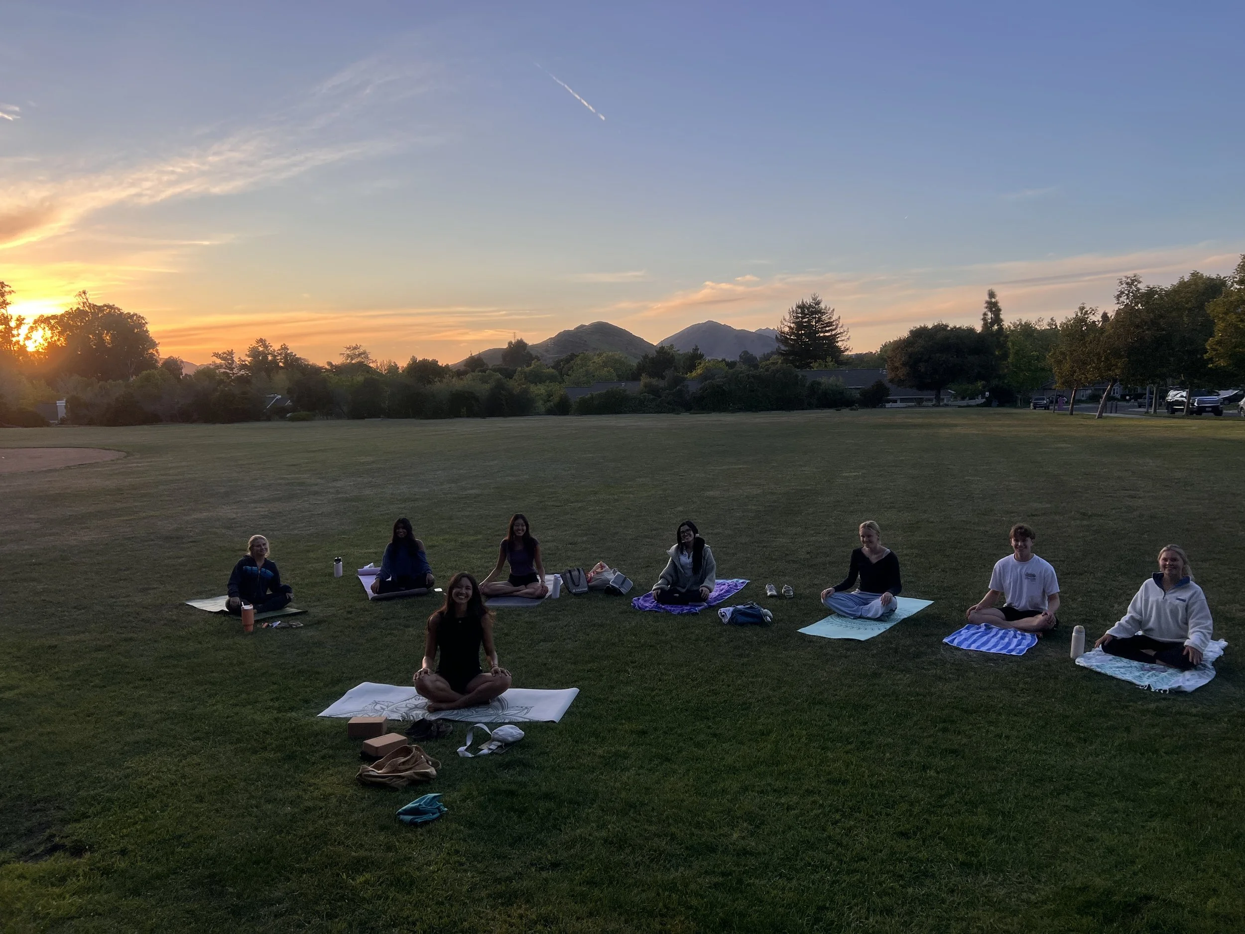 People practicing yoga outdoors on mats during sunset in a park with trees, mountains, and a blue sky in the background.