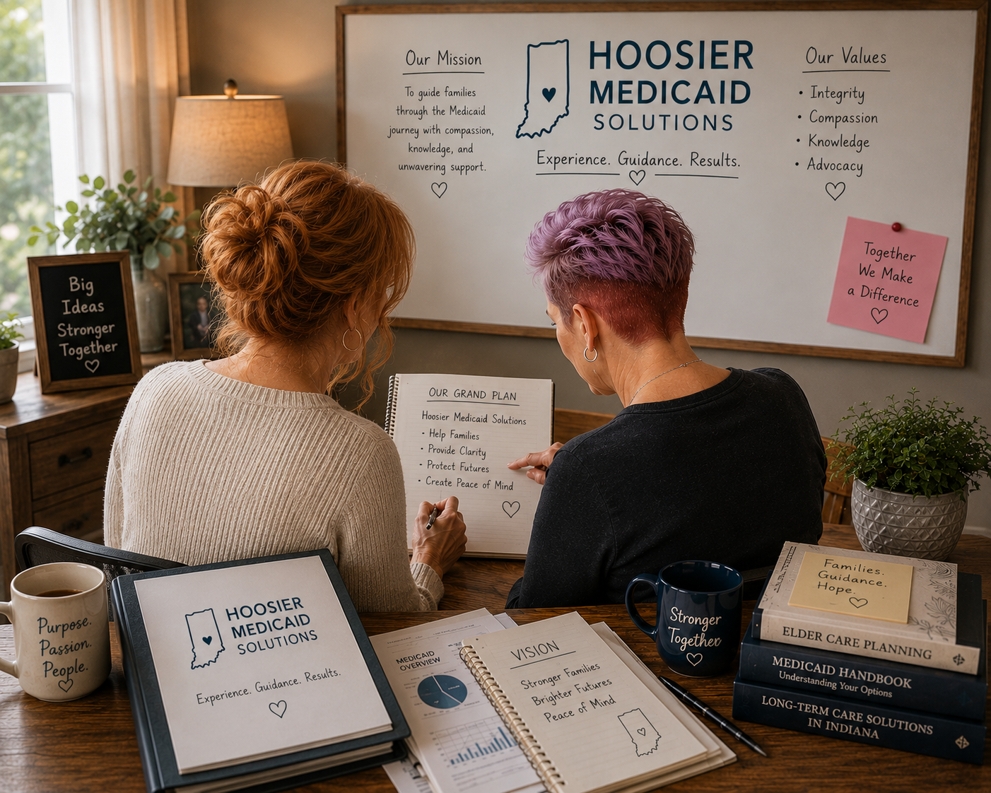 Two women sitting at a desk, reviewing a plan and documents for Hoosier Medicaid Solutions. The desk has notebooks, books, mugs, and a tablet. A whiteboard with mission and values, and a small pink note with a message, are in the background.