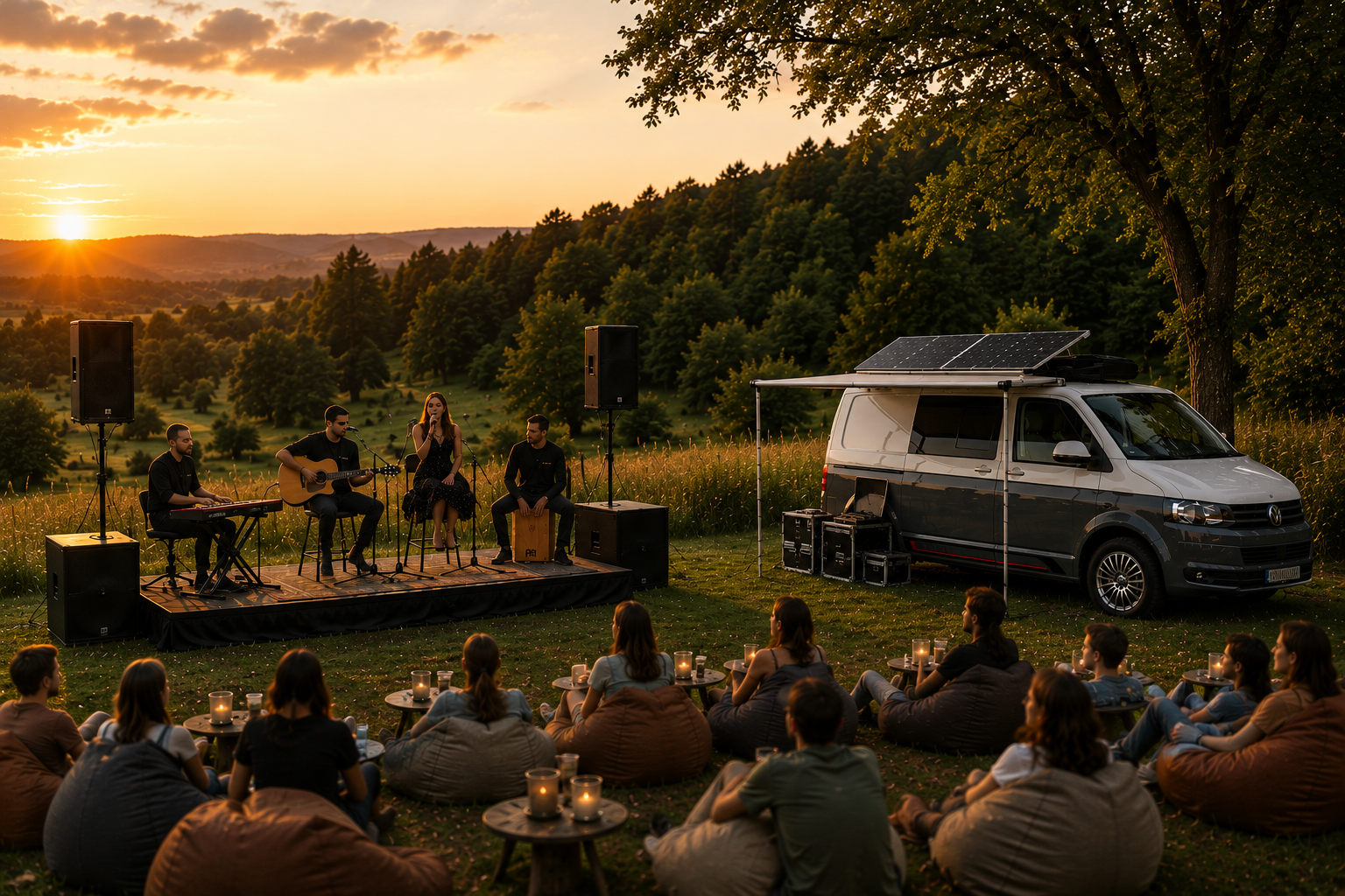 A live outdoor music concert at sunset with a small band performing on a wooden stage, audience seated on bean bags, with a van equipped with solar panels nearby in a rural green landscape.