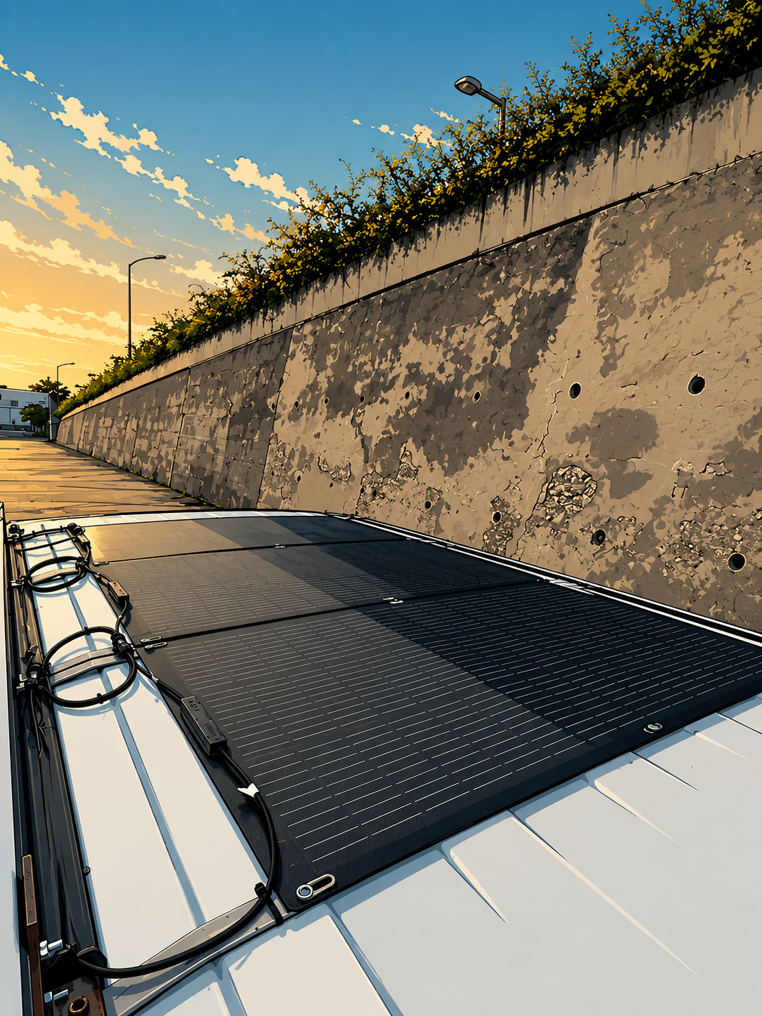 Car roof with solar panels parked next to a concrete wall during sunset.