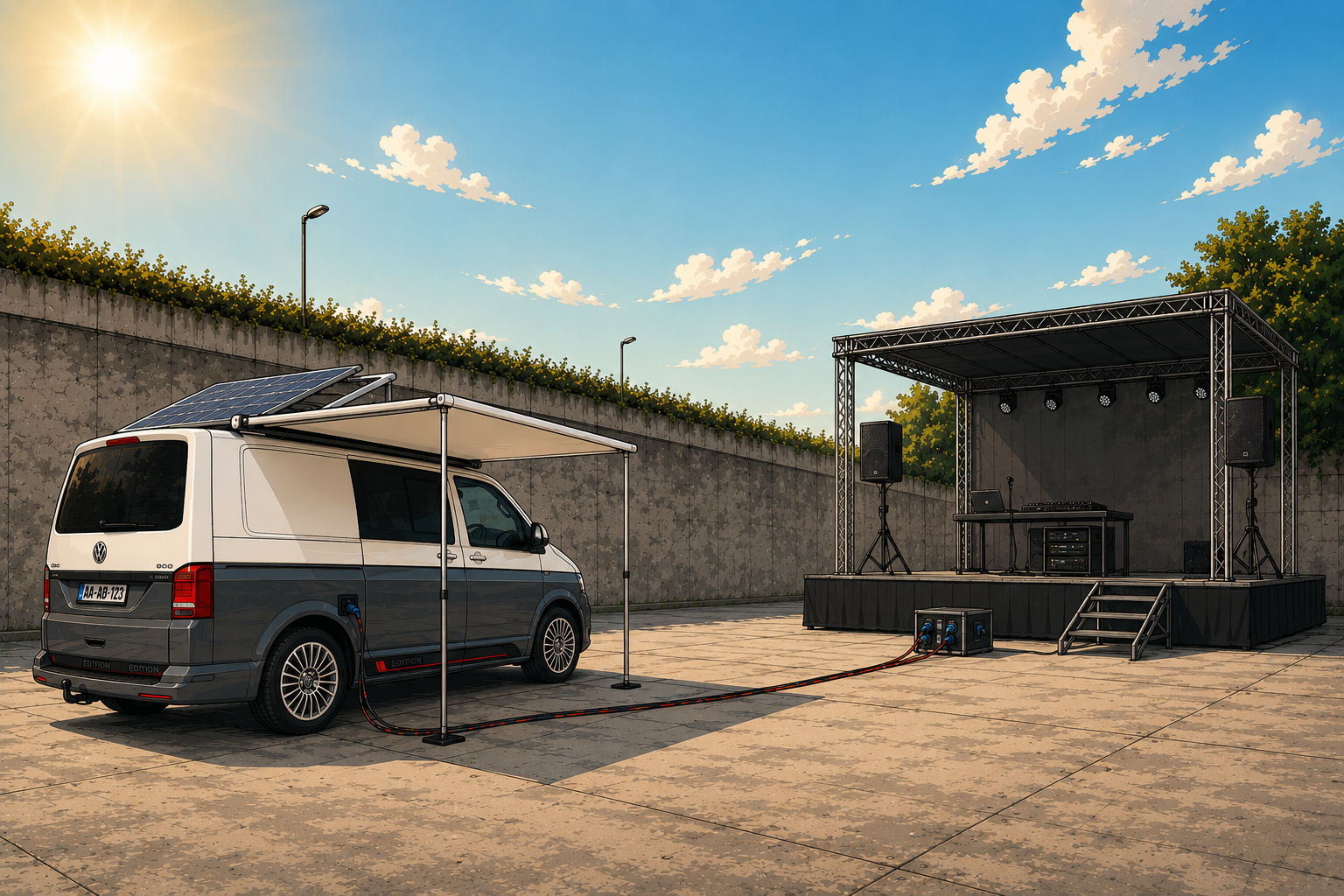 A mobile stage setup outdoors with a speaker system, DJ equipment, and a van equipped with solar panels and power connections for an outdoor event under a sunny sky.
