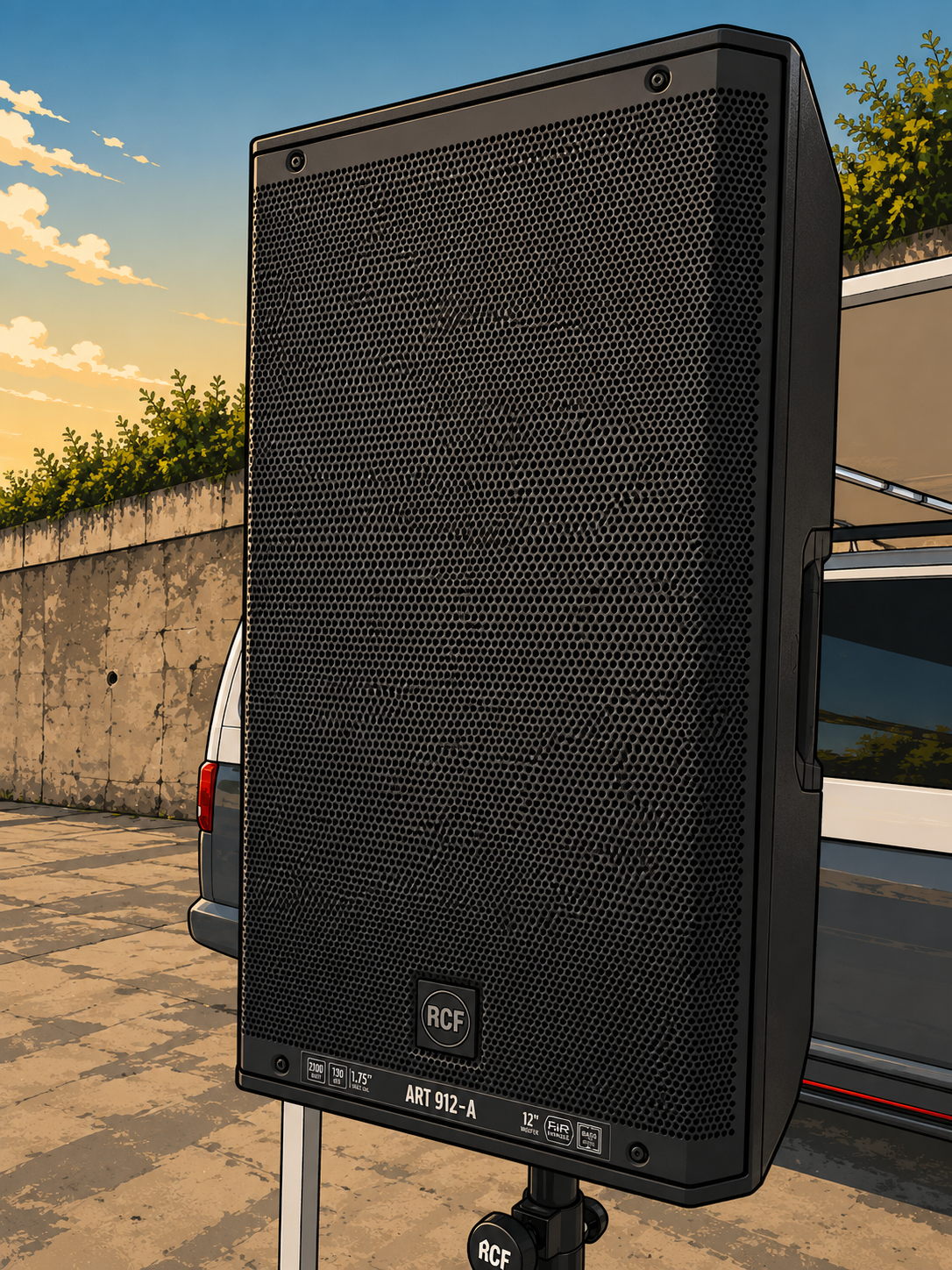 A large black RCF speaker mounted on a stand outdoors, with a concrete wall and green foliage in the background, under a blue sky with clouds during sunset.