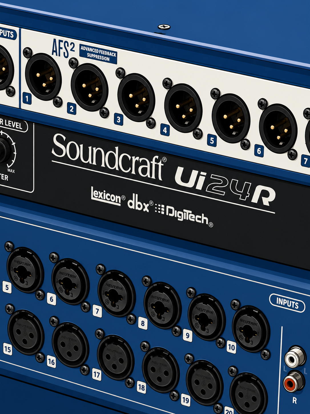 Close-up of a Soundcraft Ui24R audio interface with multiple input and output ports, labeled with numbered and colored indicators.