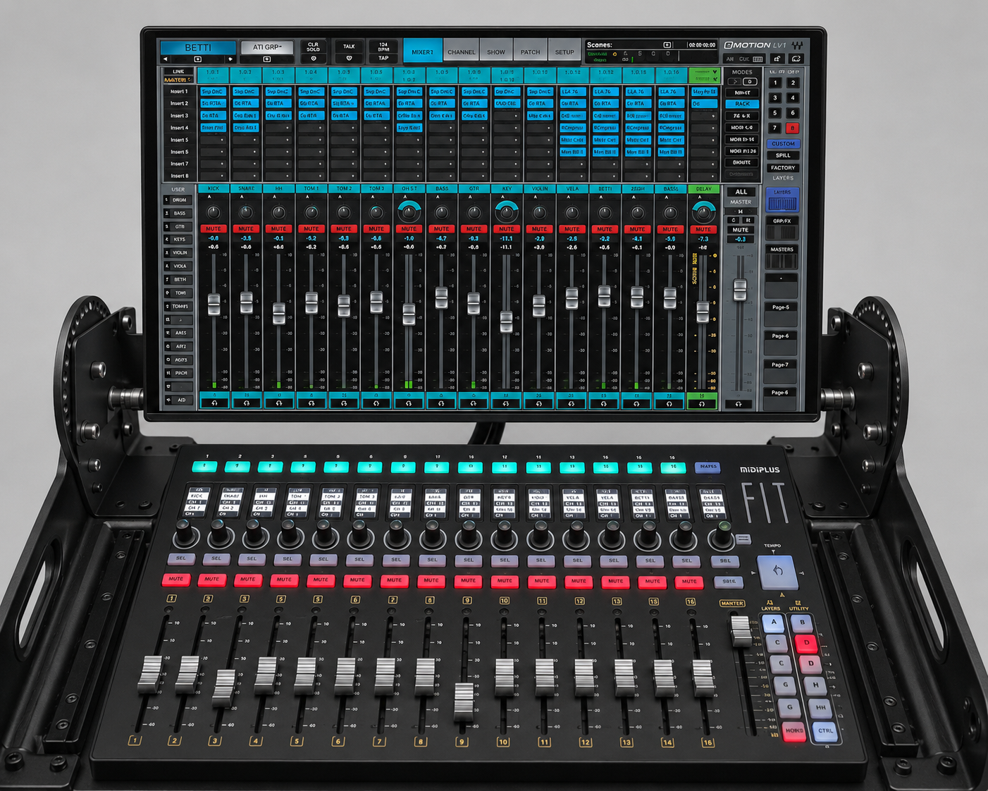 A digital audio mixing console with a large touchscreen display on top and numerous physical controls below, including sliders, knobs, and buttons, used for mixing music or audio projects.