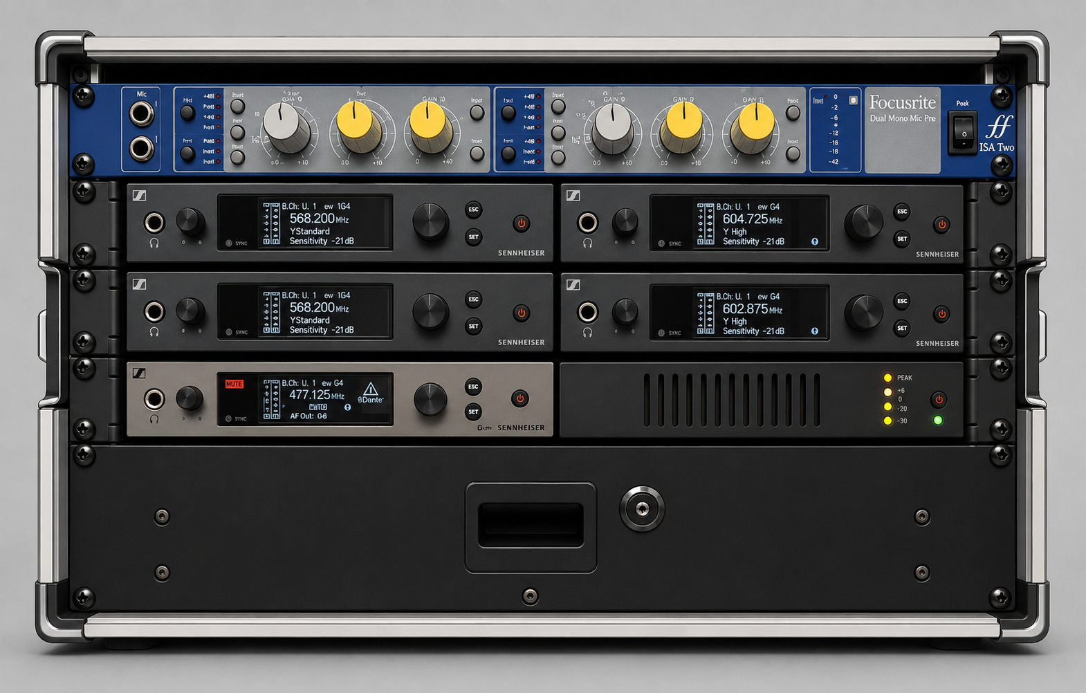 Audio equipment rack with multiple Sennheiser wireless microphone receivers and a Focusrite audio interface on top, with various knobs, buttons, and digital screens displaying frequency and sensitivity settings.