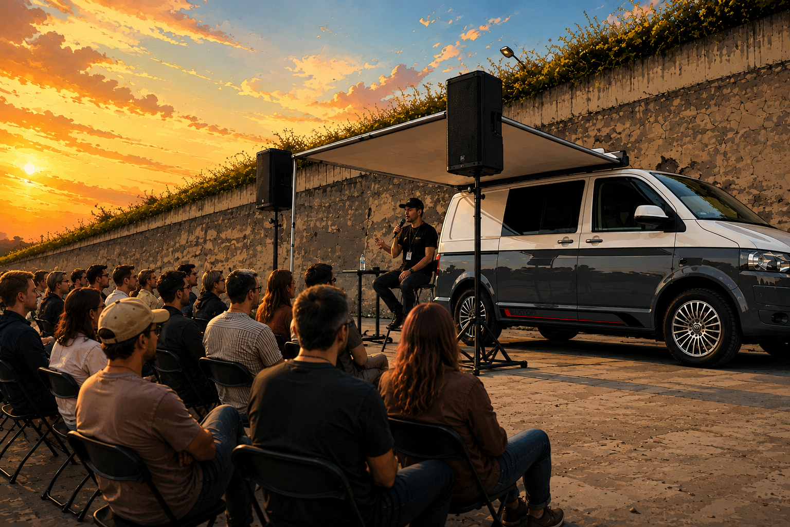 A man speaking into a microphone while seated on a small stage in front of an audience outdoors during sunset, with a van and a stone wall in the background.