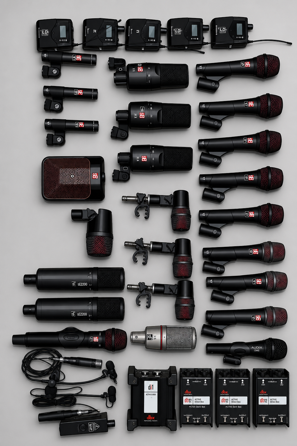 Collection of professional audio equipment including wireless microphones, handheld microphones, microphone receivers, wireless transmitters, and audio processing units arranged neatly on a flat surface.