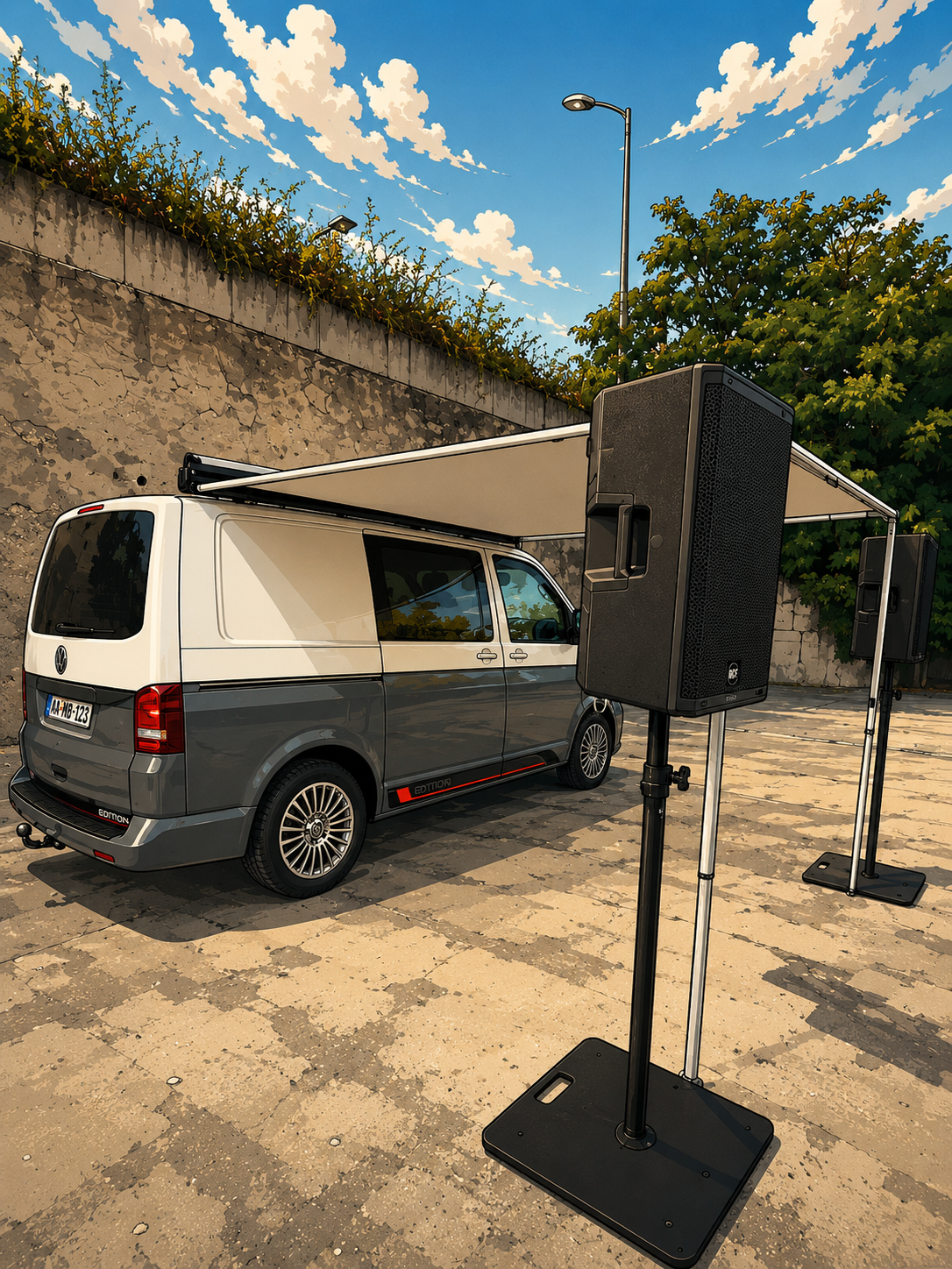 A white and gray Volkswagen van with a mounted awning, set up outdoors on a paved surface with large speakers on stands, under a partly cloudy sky.