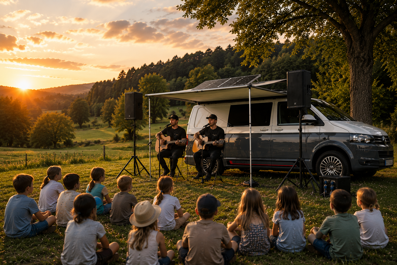 Two musicians playing acoustic guitars and singing into microphones during an outdoor sunset concert on a grassy field, with children sitting cross-legged and watching attentively, surrounded by trees and rolling hills.