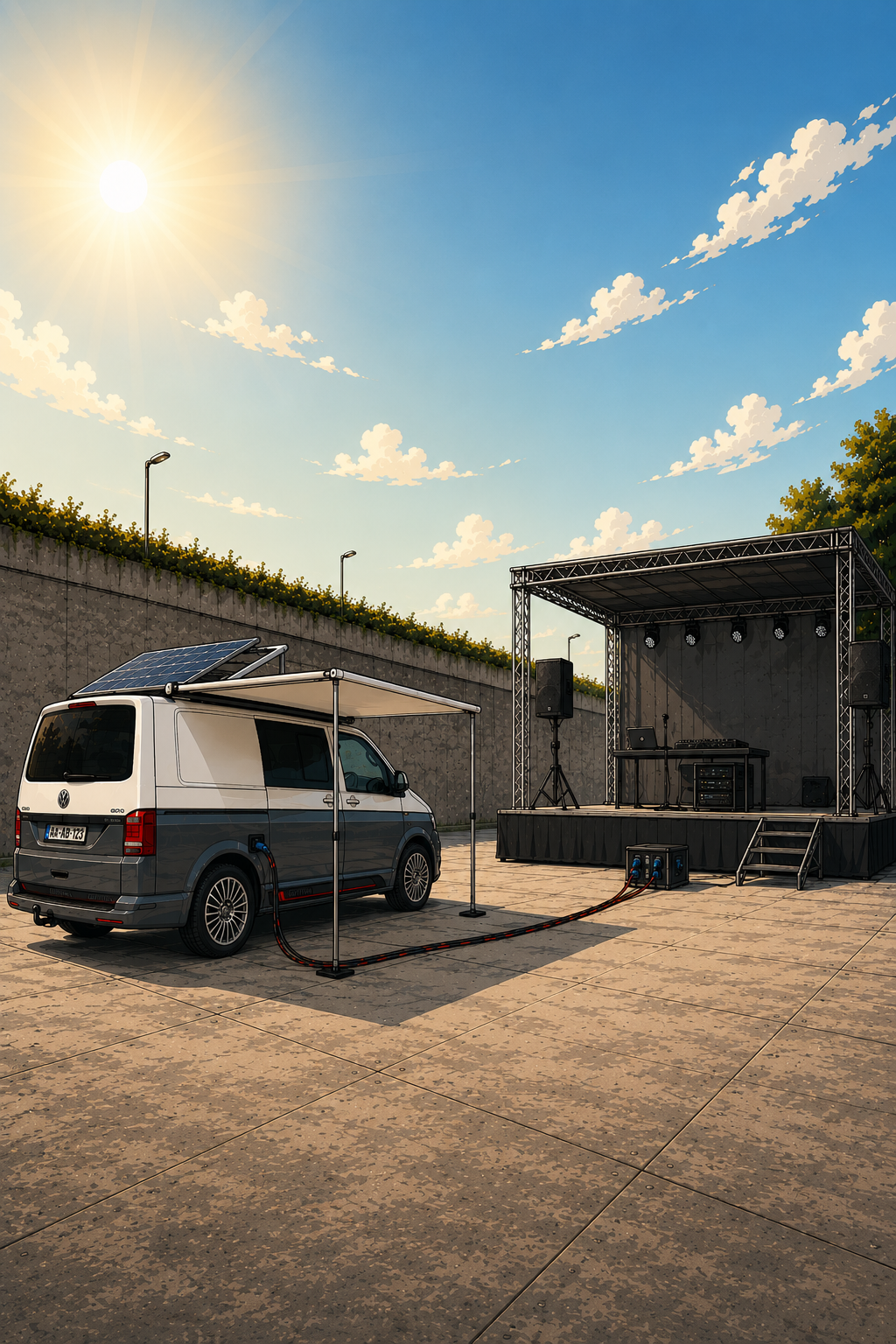 Outdoor music stage setup with a van equipped with solar panels and an awning, under a sunny sky with clouds
