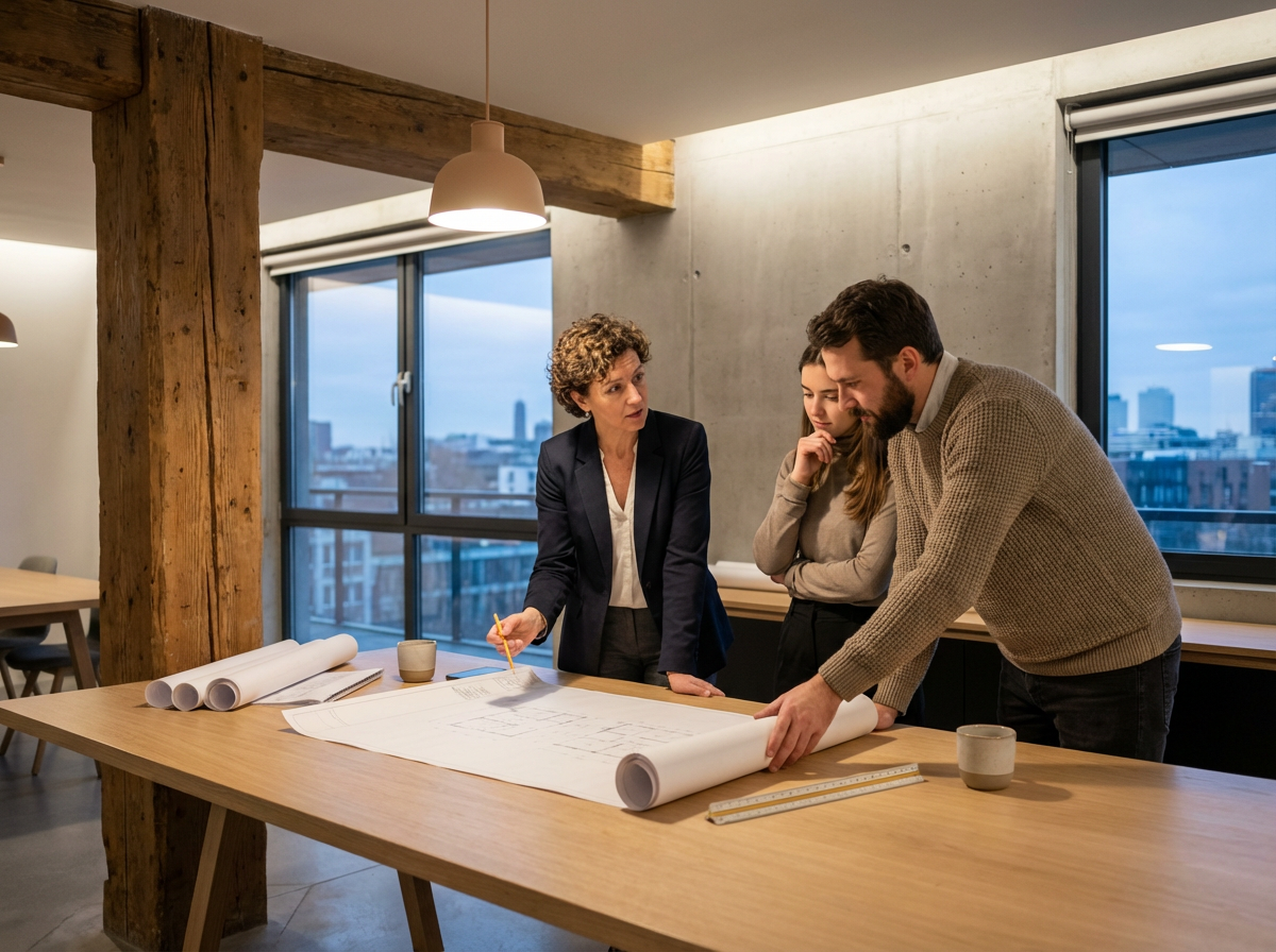 Three people discussing architectural plans at a wooden table in a modern office with large windows and city view.