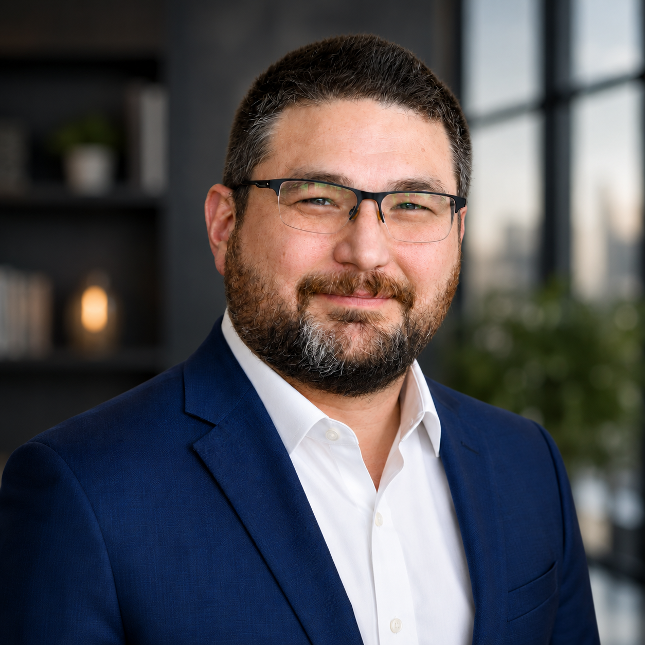 A man with glasses, a beard, and short dark hair wearing a navy suit and white shirt, smiling in an office setting with large windows and plants in the background.