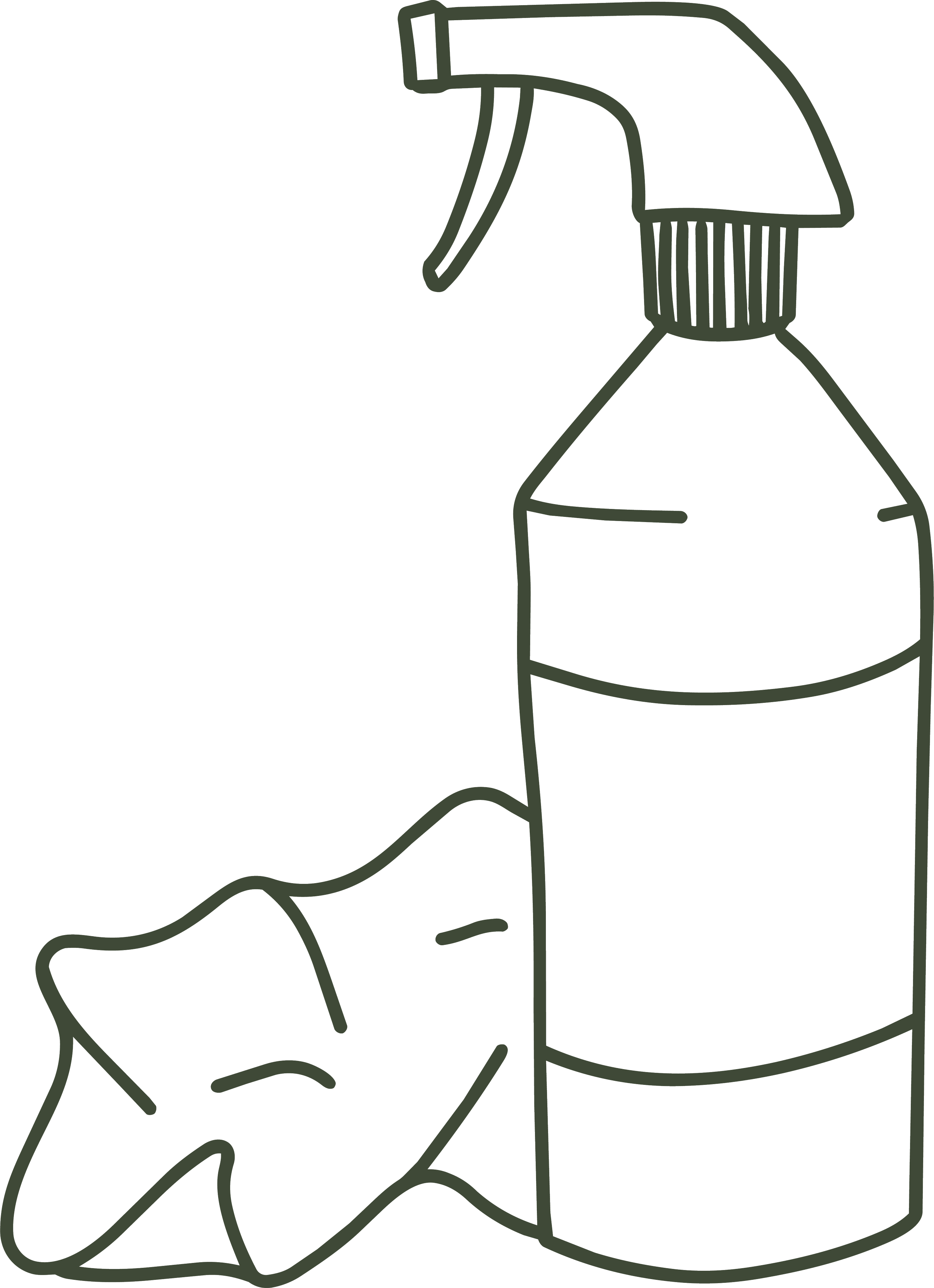 Outline drawing of a spray bottle, a roll of paper towels, and a leaf.