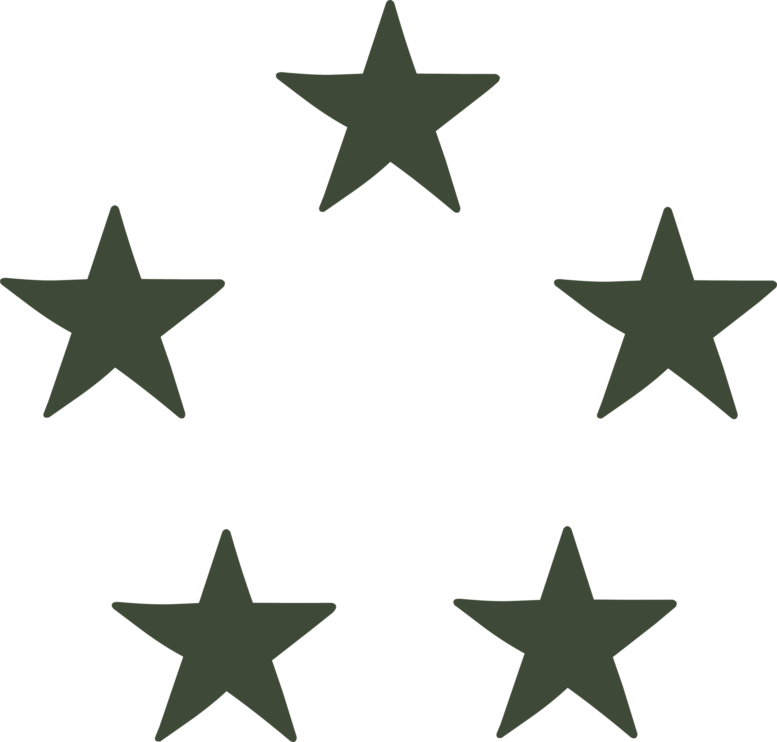 Four black stars arranged in a horizontal line with a fifth star in the middle above them, creating a pattern of five stars.