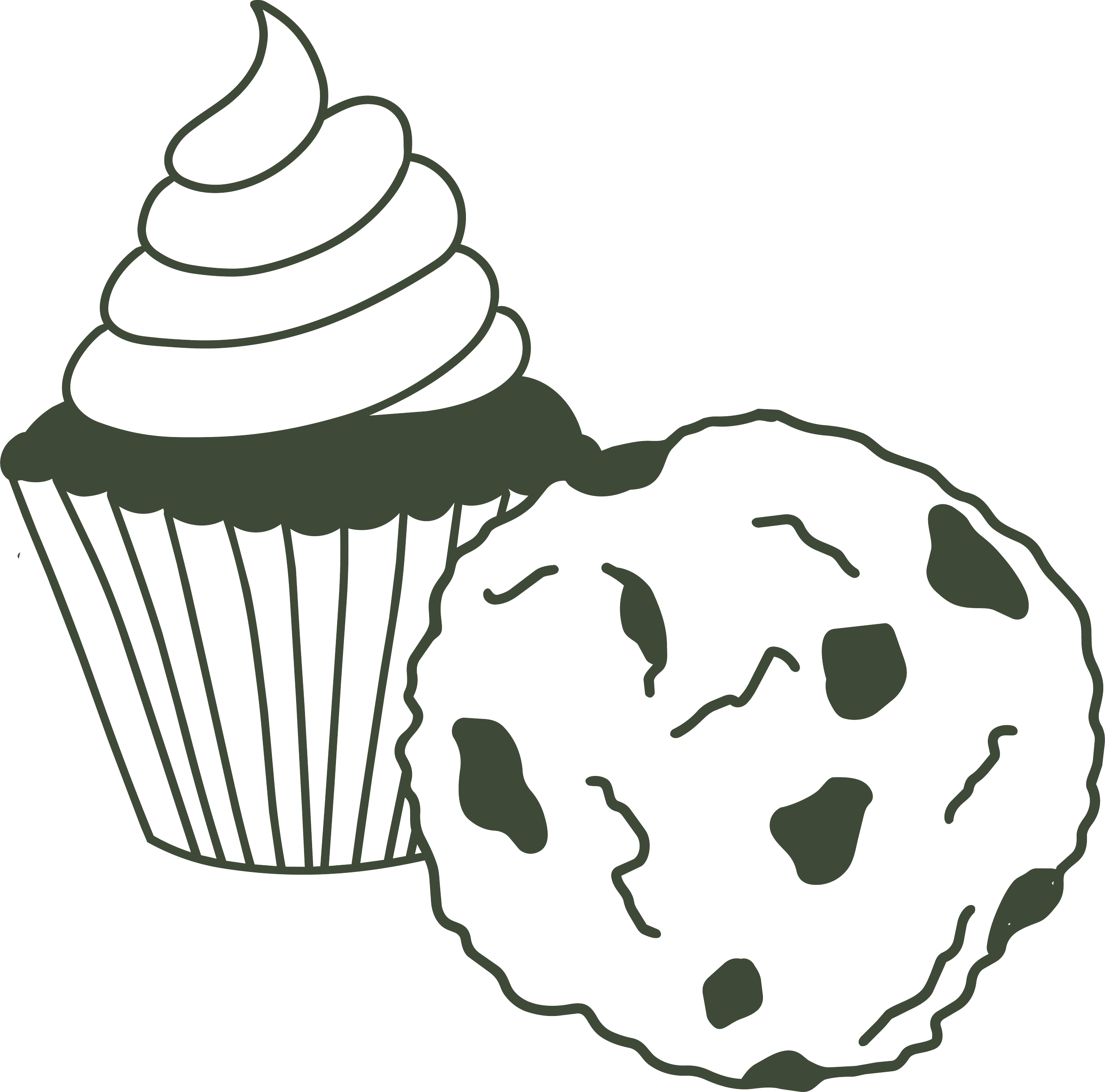 Line drawing of a cupcake with sprinkles and icing on top, and an American map outline in the background.