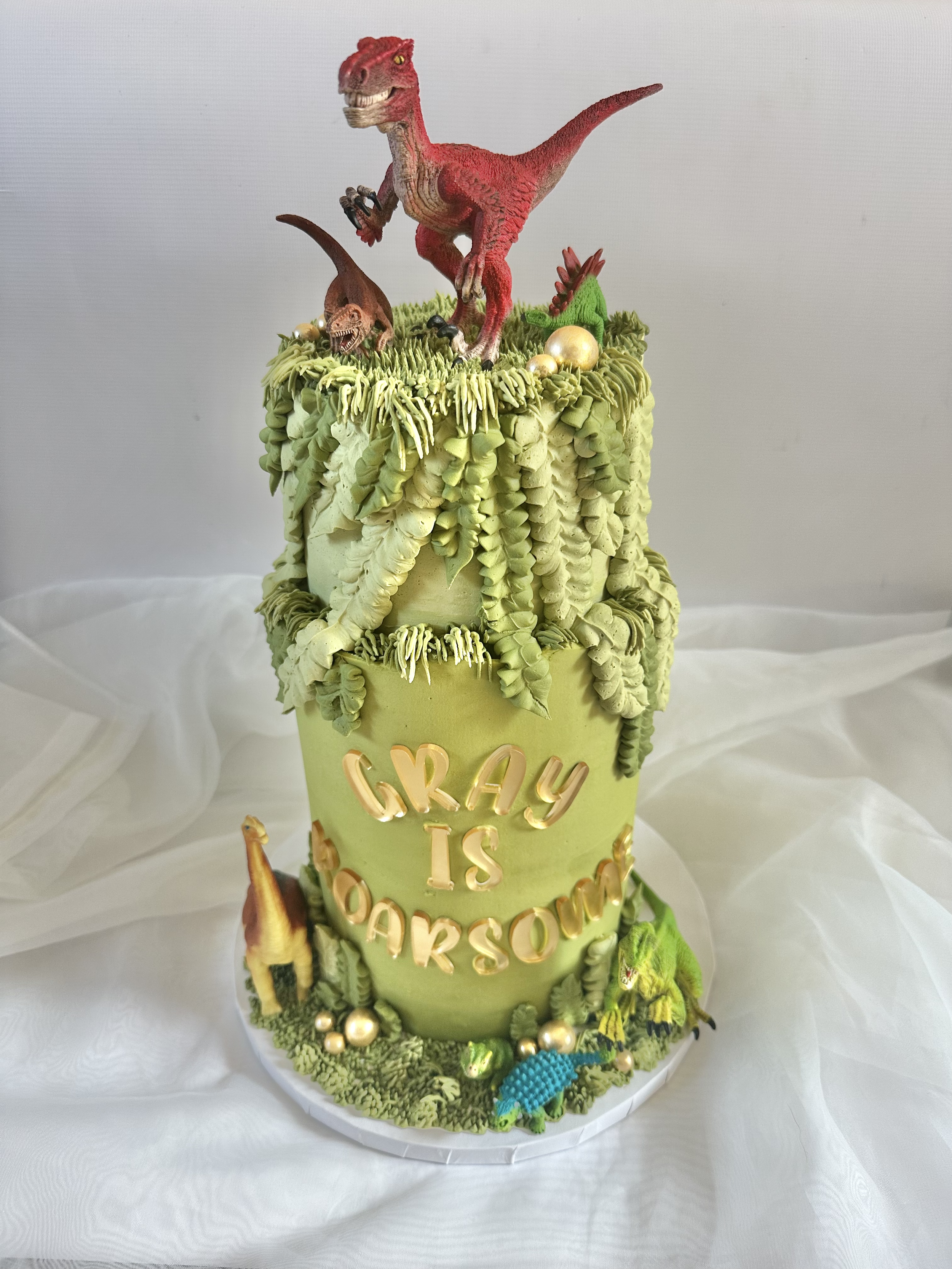 A cake decorated with a dinosaur theme, featuring a large red T-Rex topper, smaller dinosaur figures, gold balls, and green foliage details, with the words 'GRAY IS OKAY' written on it.