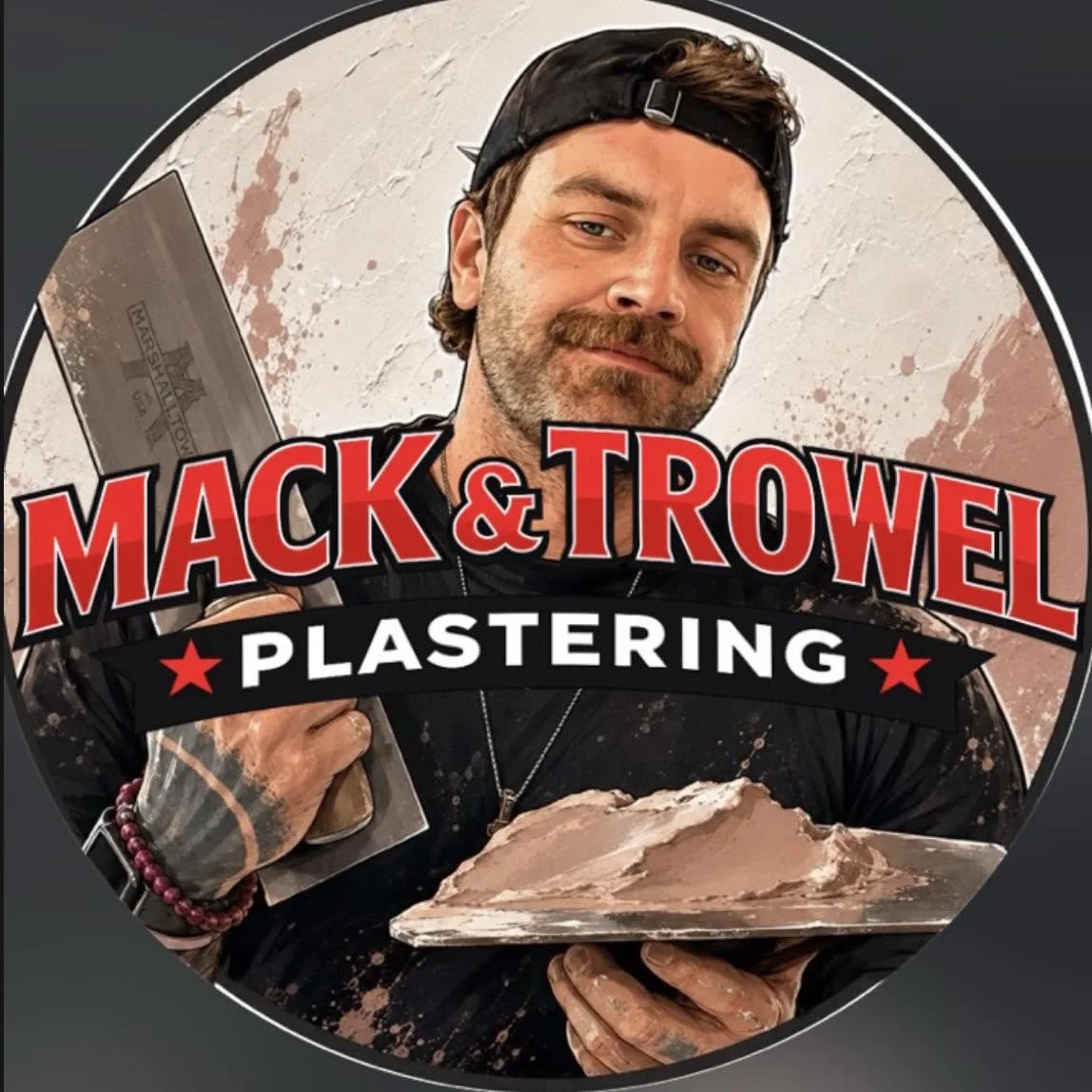 A man with a beard and mustache wearing a backward black baseball cap, holding a trowel covered in plaster, and a hawk with plaster on it. The background has splashes of plaster, and the text overlay reads 'Mack & Trowel Plastering' with a red star on each side of the word 'Plastering'.