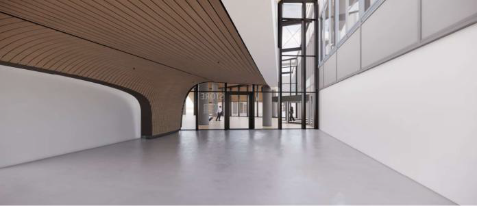 Empty modern building interior with curved wooden ceiling, glass doors, and large windows.