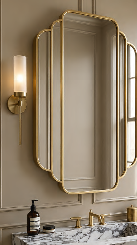 A tall, narrow, gold-framed mirror with rounded edges, mounted on a beige wall beside a modern wall-mounted light sconce with a white cylindrical shade. Below the mirror is a marble bathroom countertop with a gold faucet, a brown soap dispenser, and a small black and white container.
