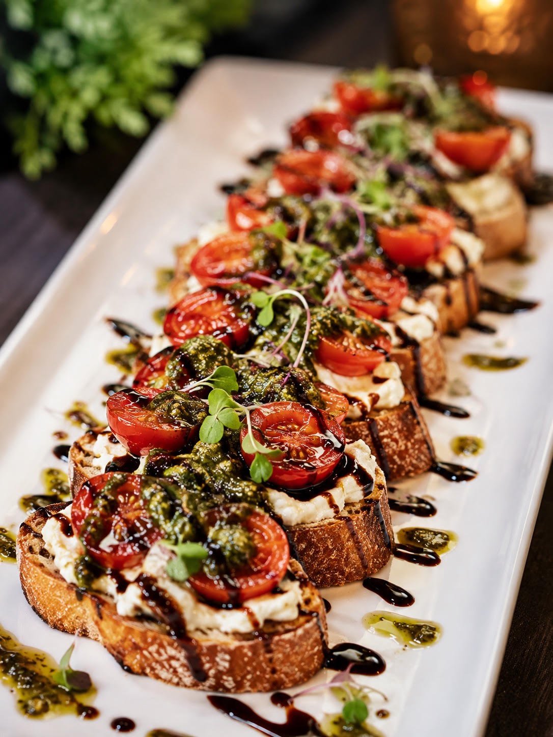 Bruschetta crostini with vegan cream cheese spread, roasted cherry tomatoes, microgreens, basil pesto, balsamic glaze.