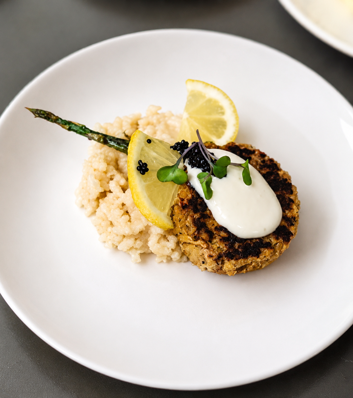 A plated dish featuring risotto, a pan-seared crab cake topped with garlic aioli, lemon wedges, a grilled asparagus spear, microgreens, and vegan caviar on a white plate.