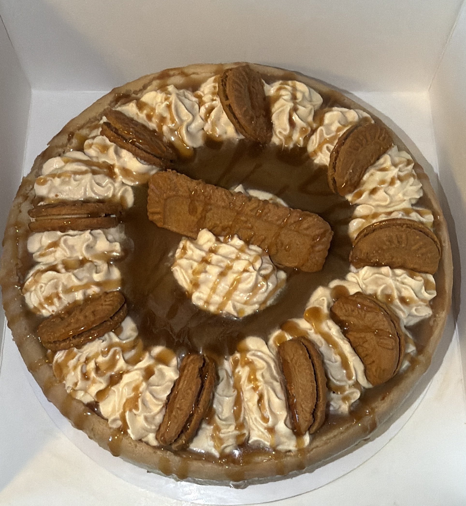 A biscoff cookie cheesecake with whipped cream, caramel drizzle, and halved cookies.