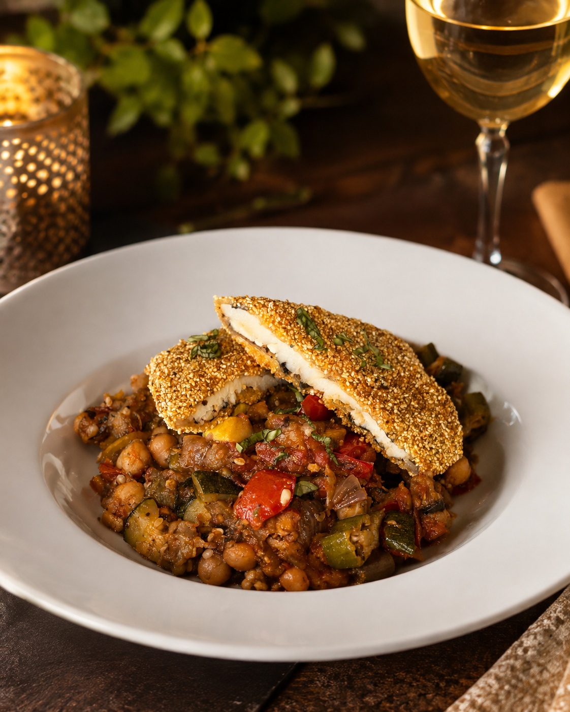 A white bowl containing hearts of palm fillets garnished with herbs and placed over a bed of ratatouille and in the background a glass of wine and a candle are visible.