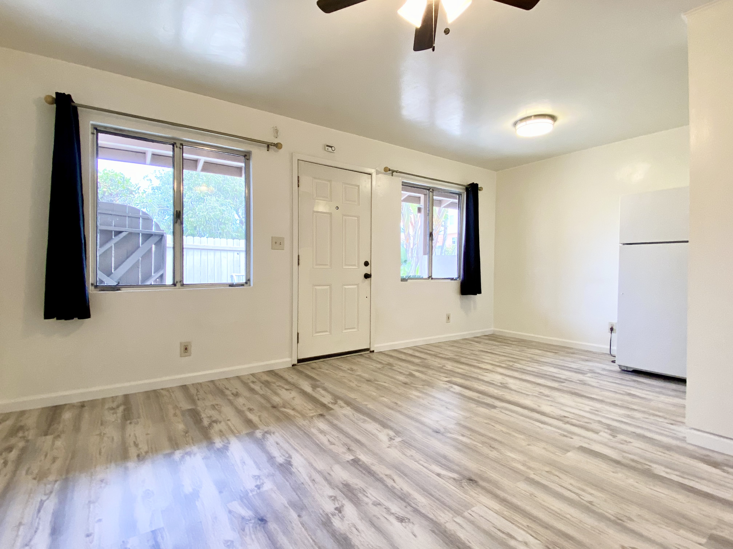 Empty  living area with two windows, a white door, wood-look flooring, and ceiling lights.