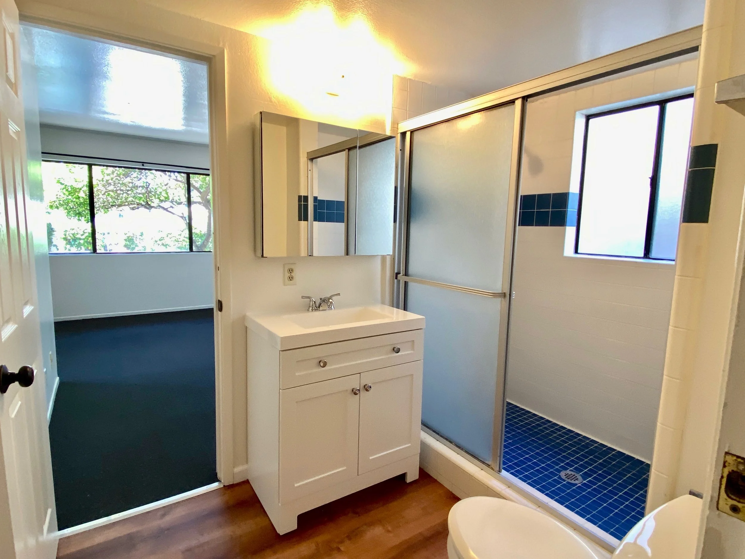 Bathroom with a sink, mirror, shower with frosted glass doors, and windows overlooking greenery.