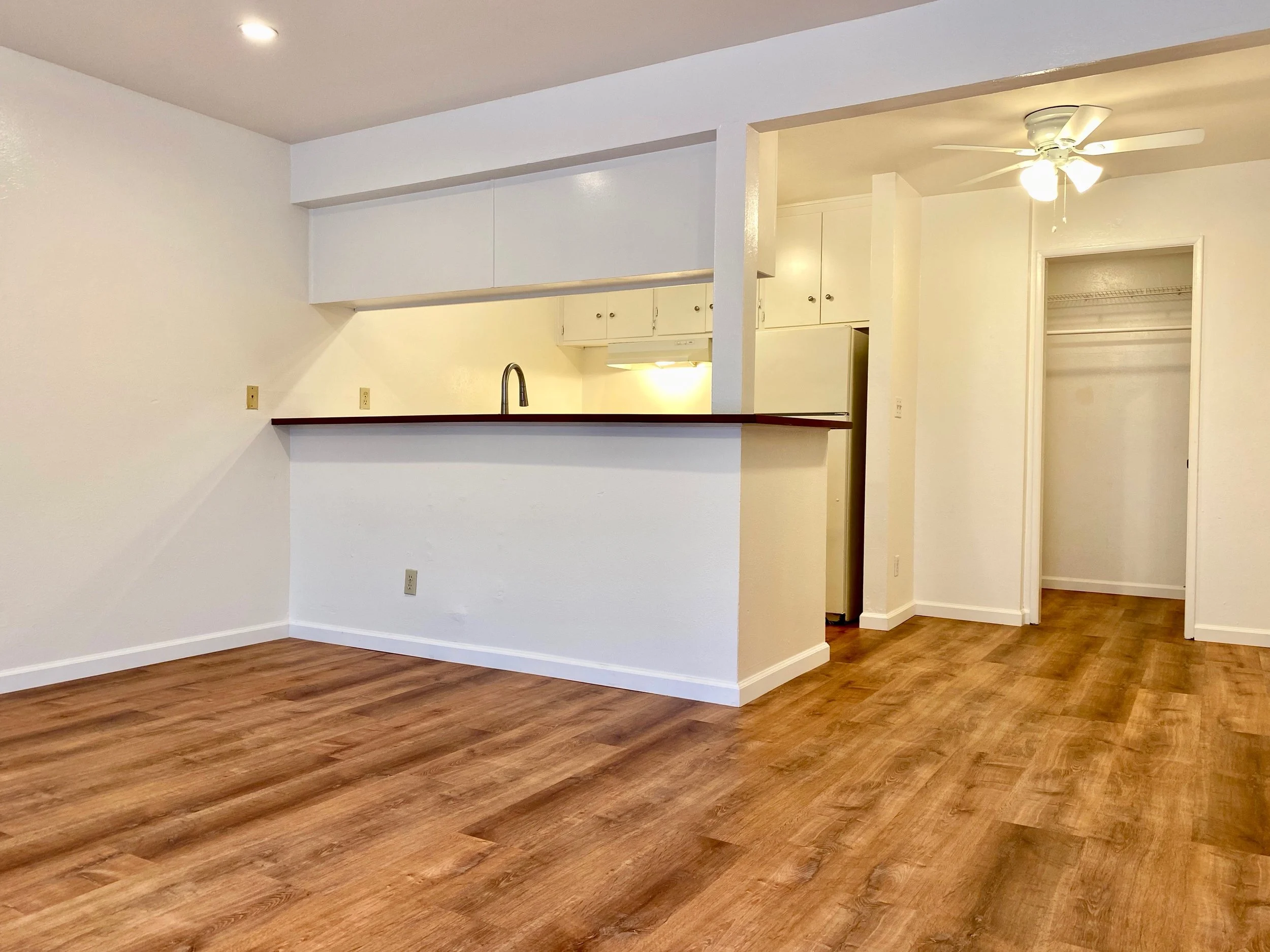 Empty room with wooden flooring, white walls, a ceiling fan with lights, and a small open closet.