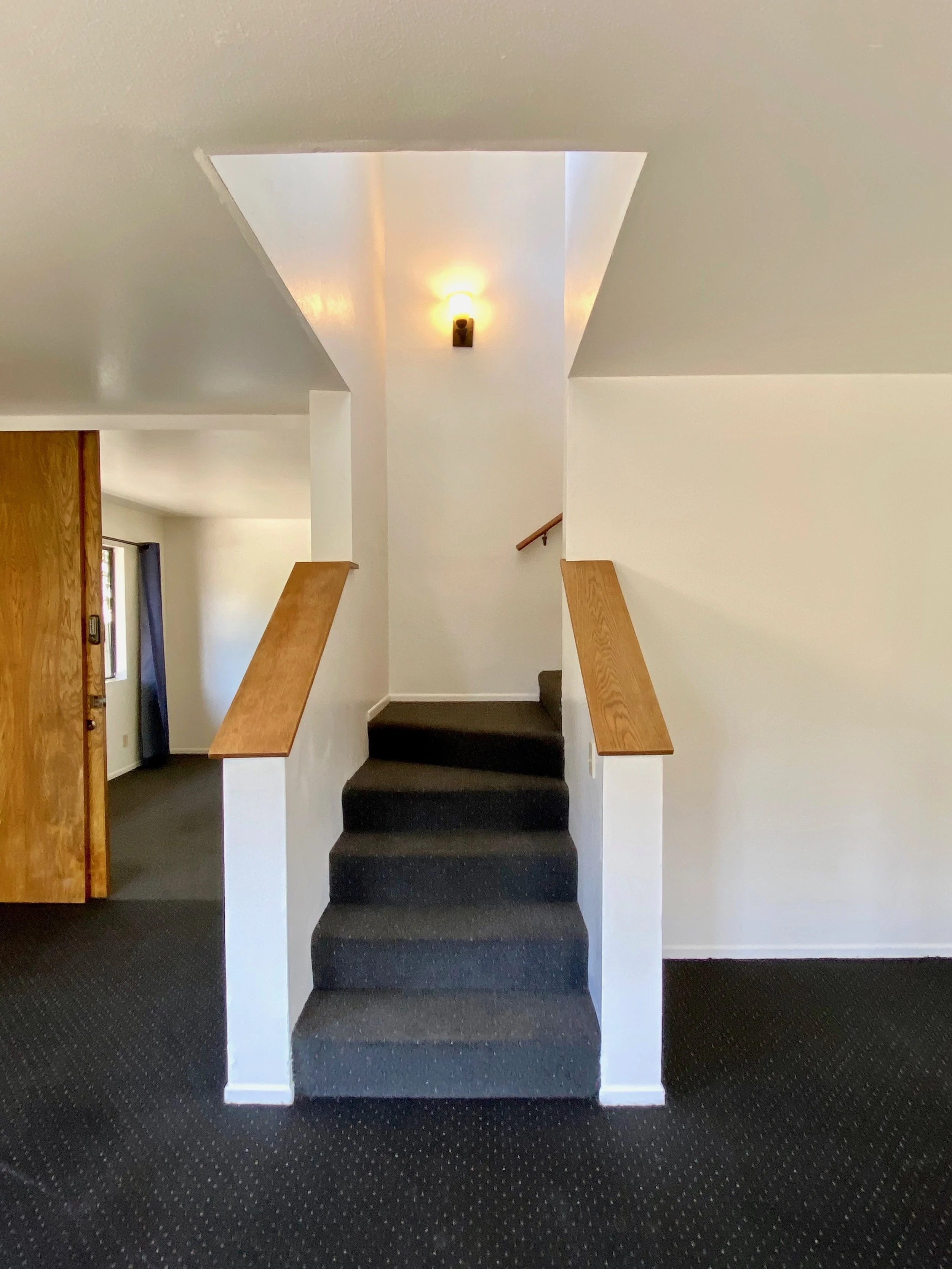 Interior of a house entryway with carpeted stairs, white walls, wooden handrails, and a ceiling light fixture.