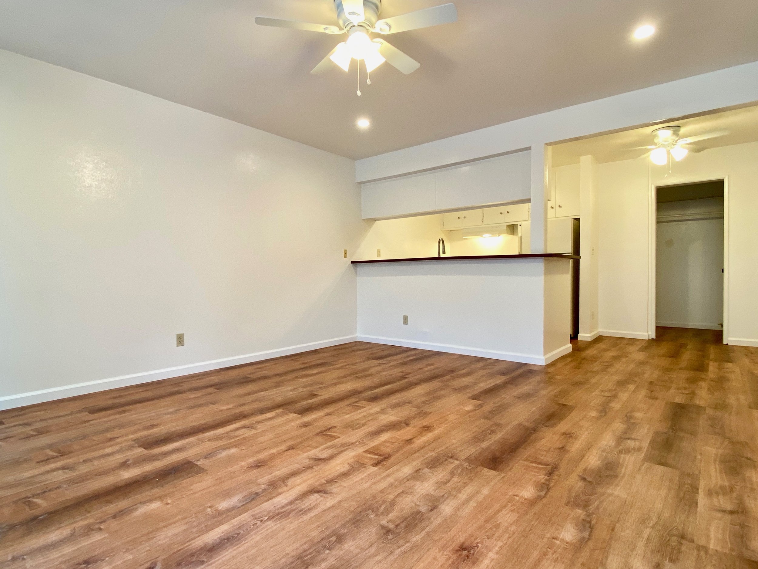 A spacious living room with white walls, hardwood flooring, a ceiling fan with lights, and a partial view of a kitchen area with a countertop and shelving. There is an open closet space in the background.