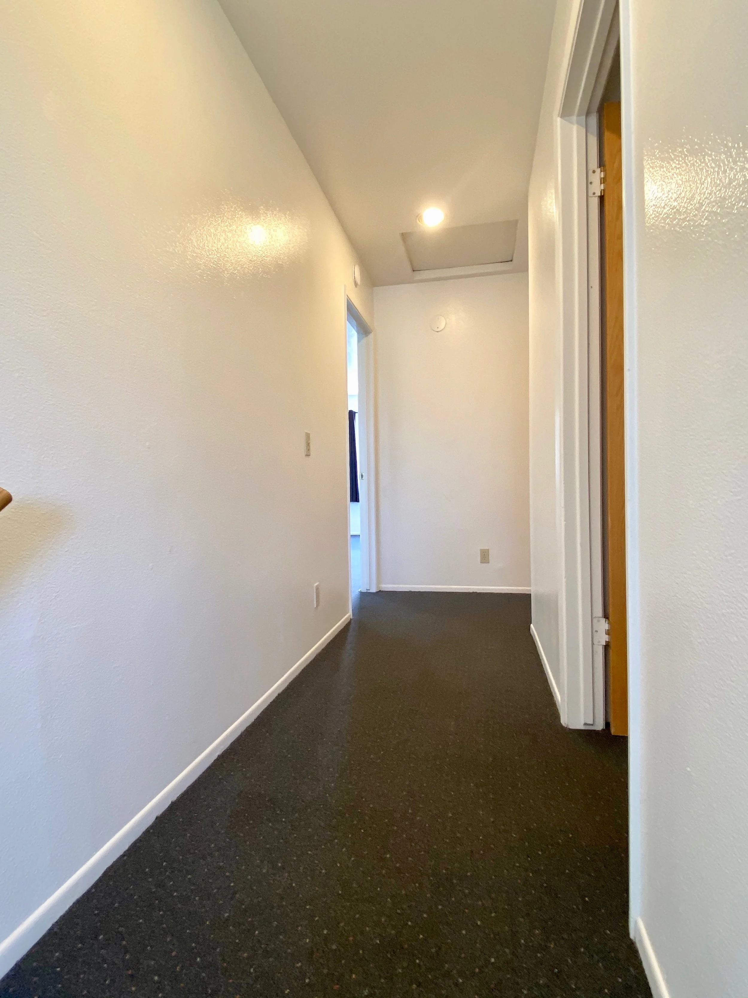 A hallway with white painted textured walls and dark carpet flooring, with ceiling lights and an open door at the end.