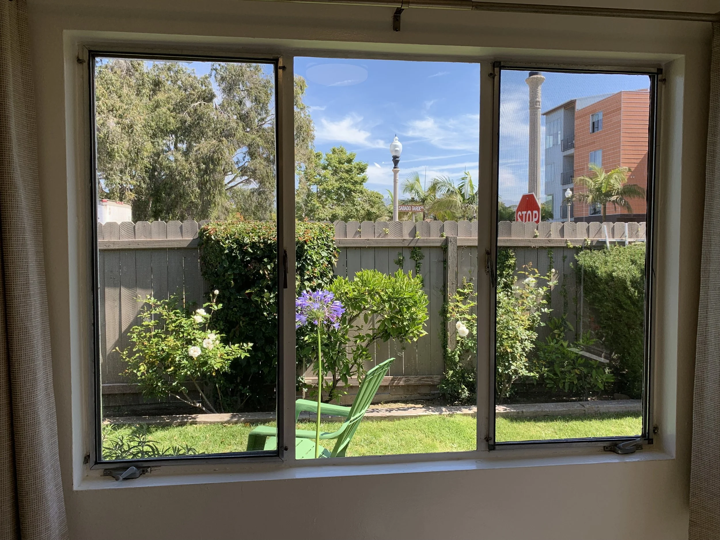 View through windows showing a lush green backyard with flowering plants, trees, a wooden fence, and neighboring buildings with a clear blue sky and clouds.