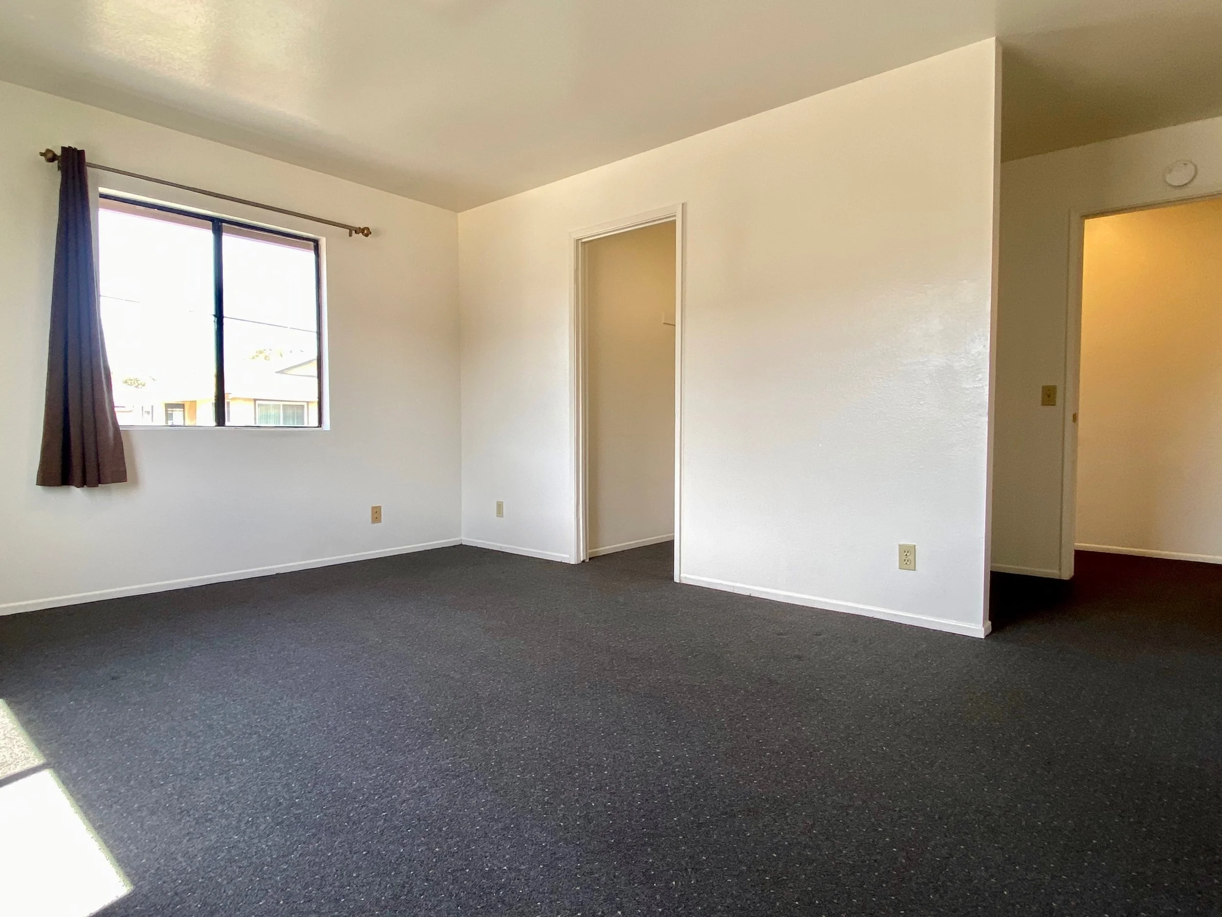 Empty bedroom with a window with purple curtains and a door frame, dark carpet, and white walls.