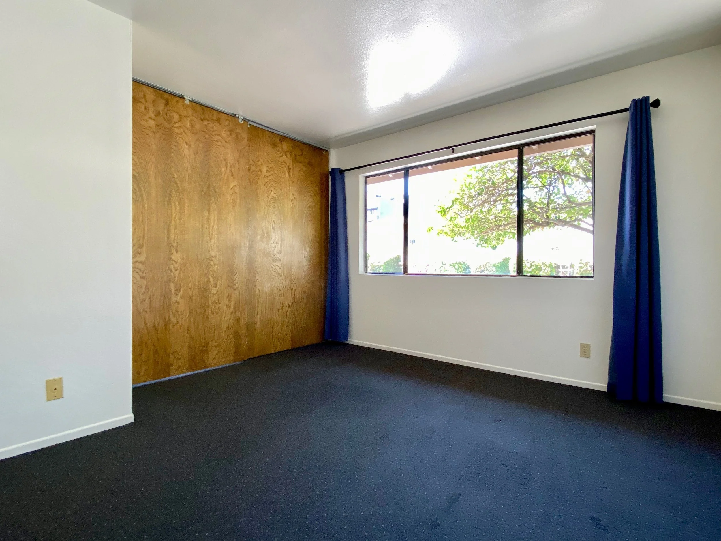 Empty room with dark carpet, white walls, a large window with blue curtains, and a wooden accent wall.