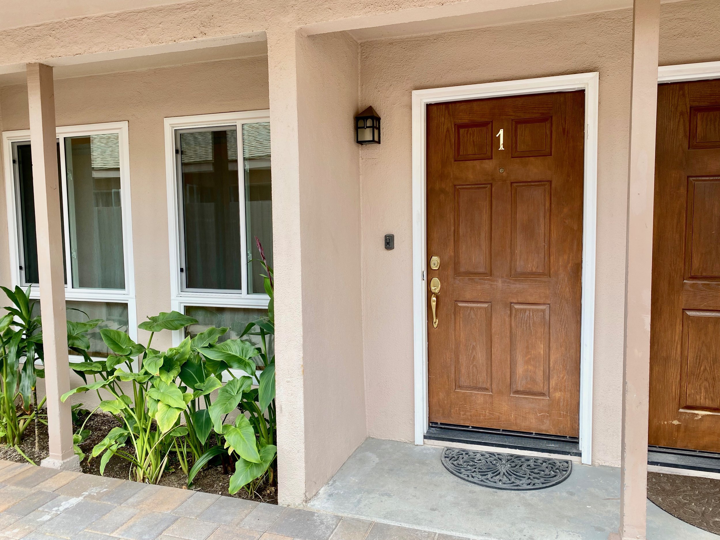 The image shows a brown front door with the number 1 on it. There is a black outdoor wall lantern light fixture next to the door. To the left of the door, there are large windows with white frames. There are green plants with broad leaves in front of