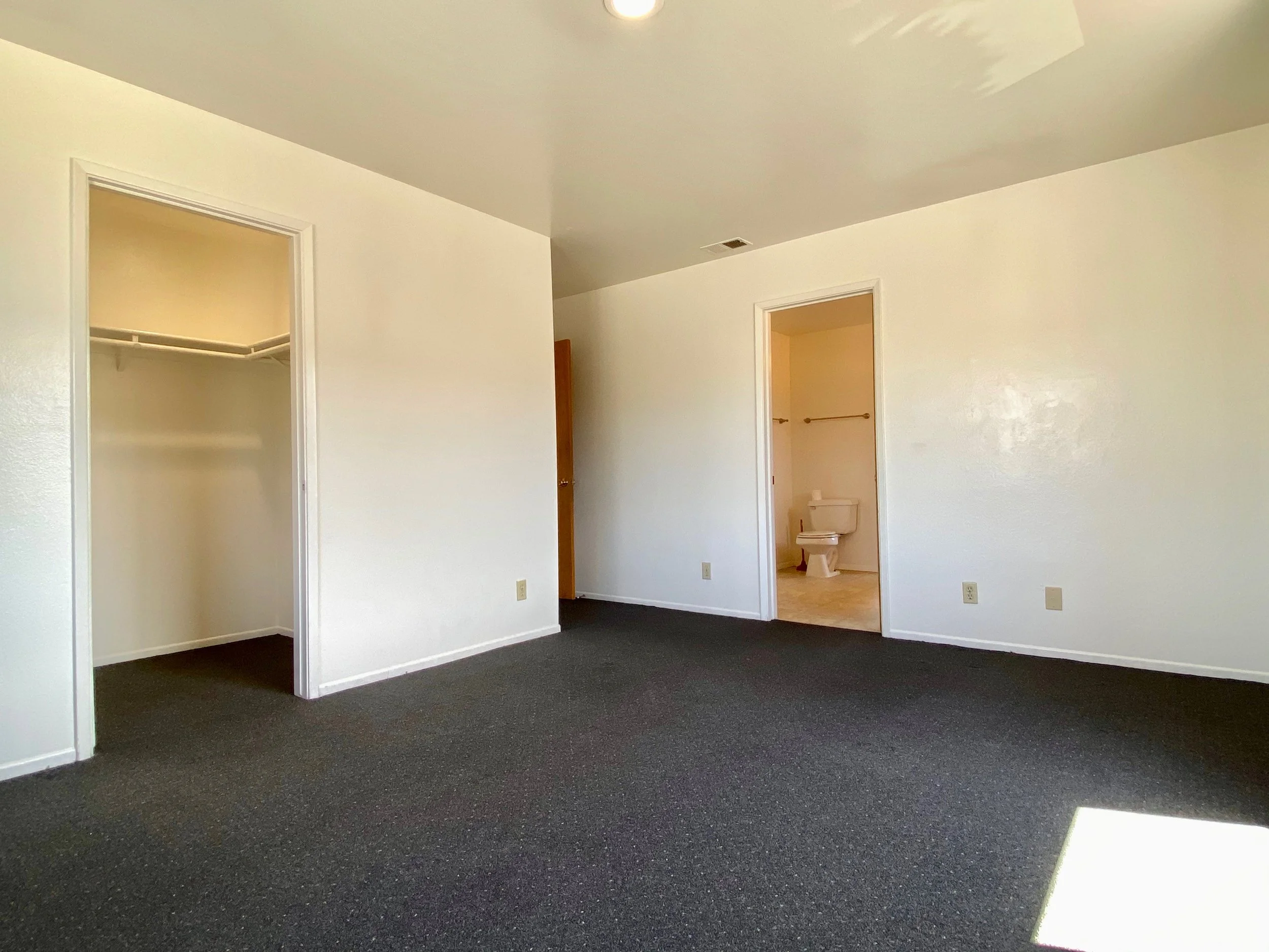 Interior of a room with white walls, dark carpeted floor, and two open doorways leading to closets and a hallway. There is also a door leading to a bathroom with a toilet visible.