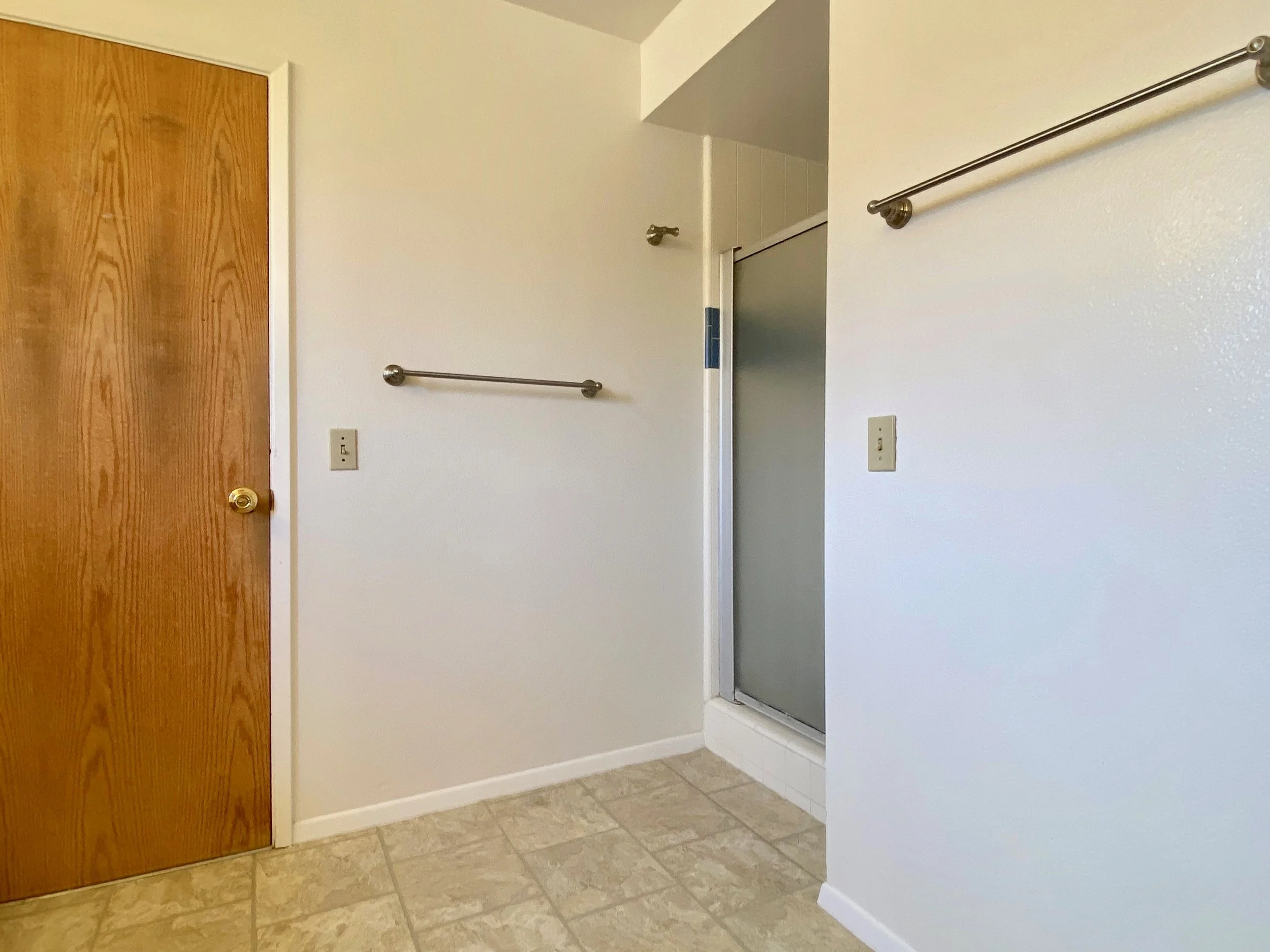 A tiled entryway with a wooden door on the left, a white wall with two metal handrails, a light switch, and a small doorway leading to a shower with a glass door.