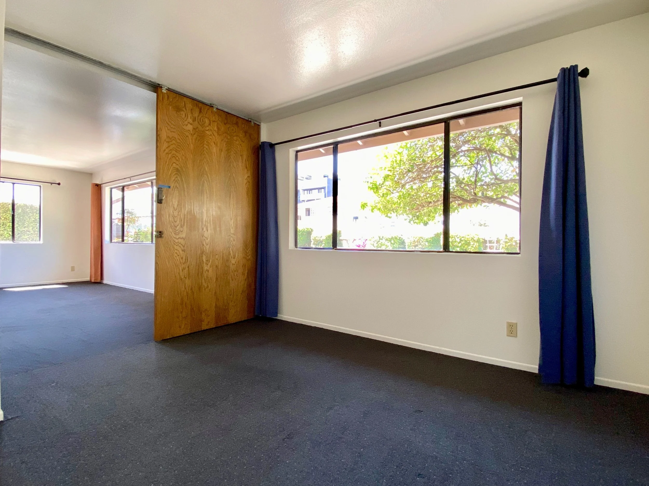 An empty room with large windows, navy blue curtains, a shared partial wall with a wooden door, and carpeted flooring.