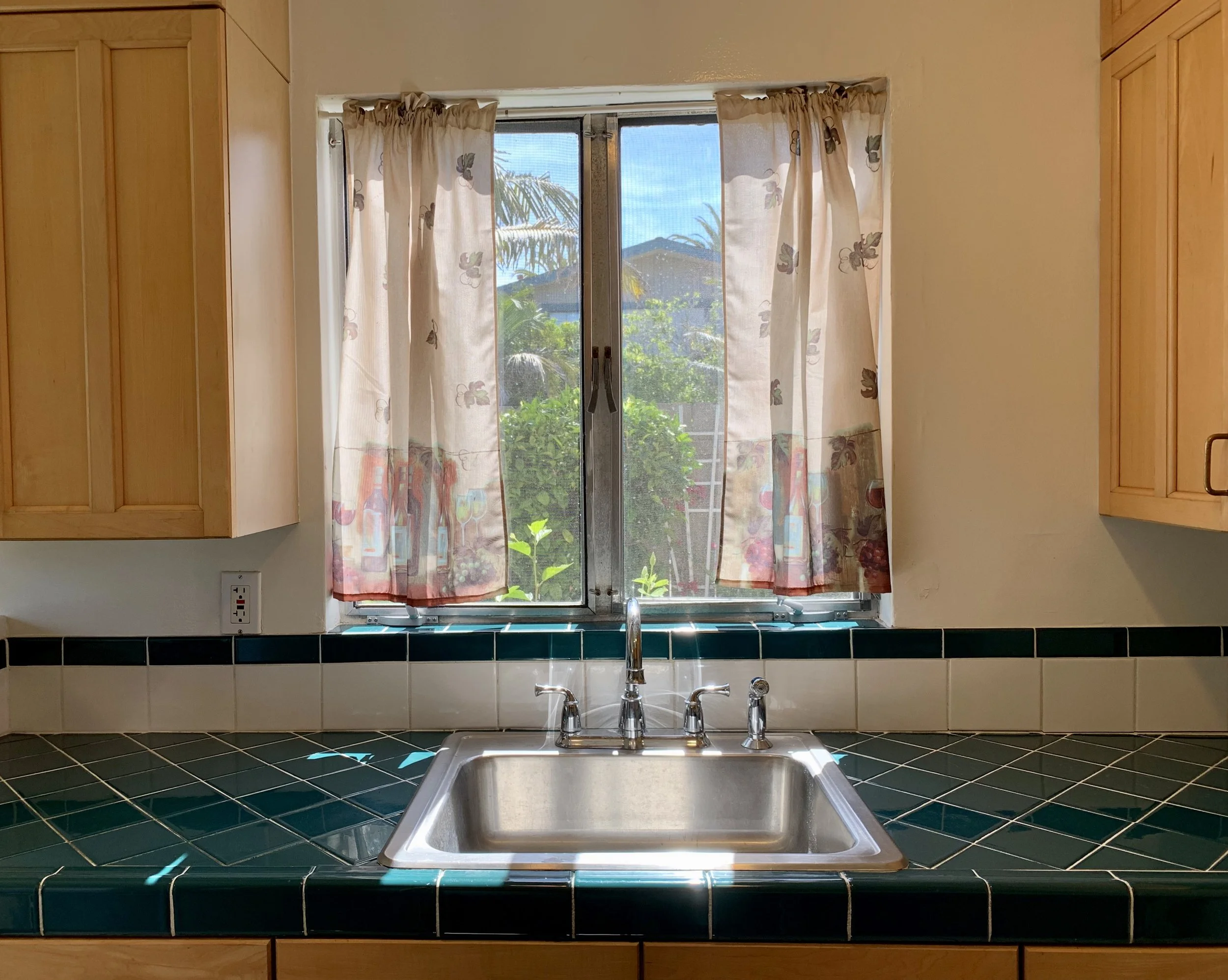 View of a kitchen window with curtains, a sink below, and wooden cabinets on either side, with a tropical outdoor view including palm trees.
