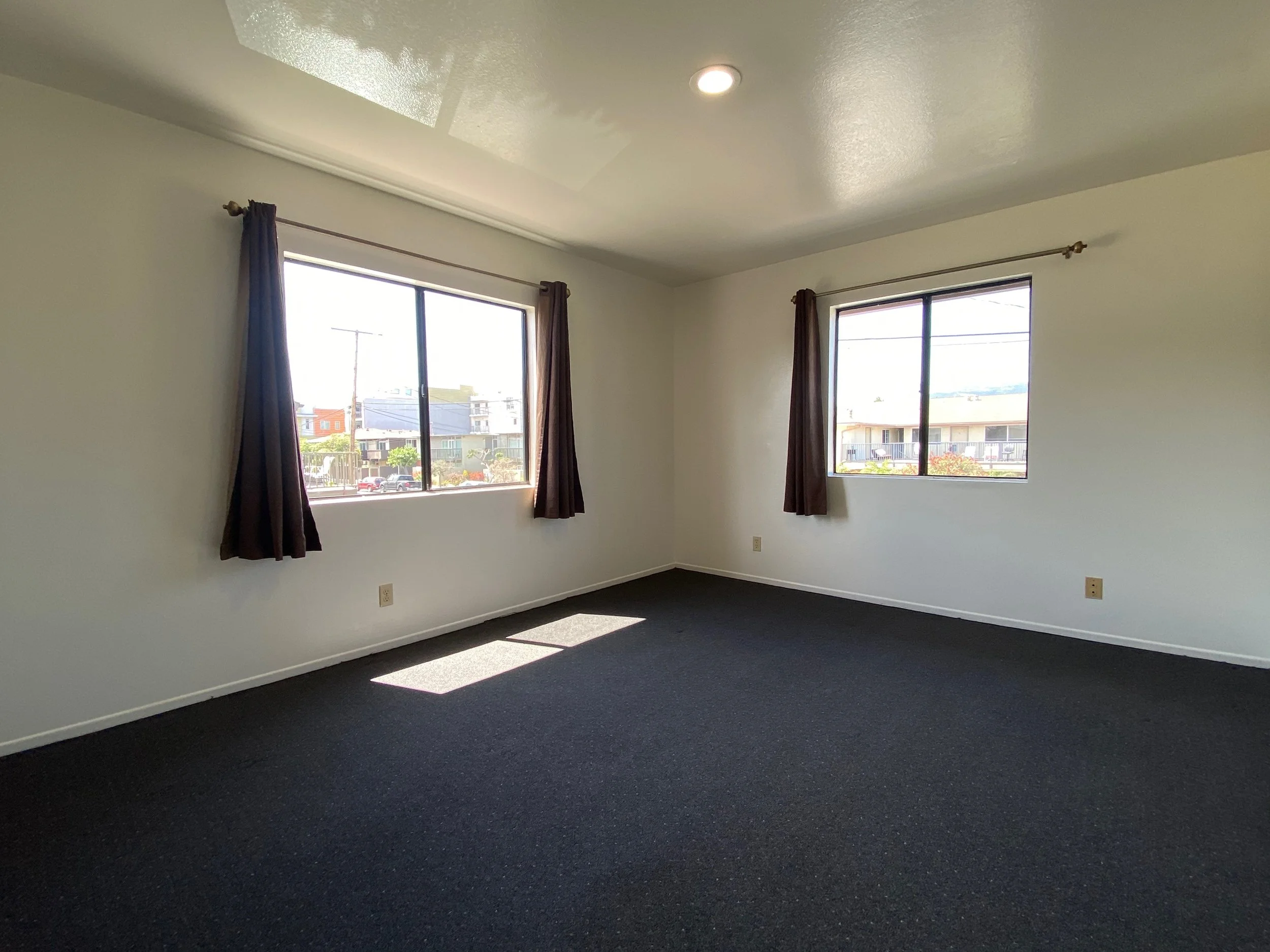 Empty room with cream-colored walls, two large windows with brown curtains, black carpet, and a ceiling light.