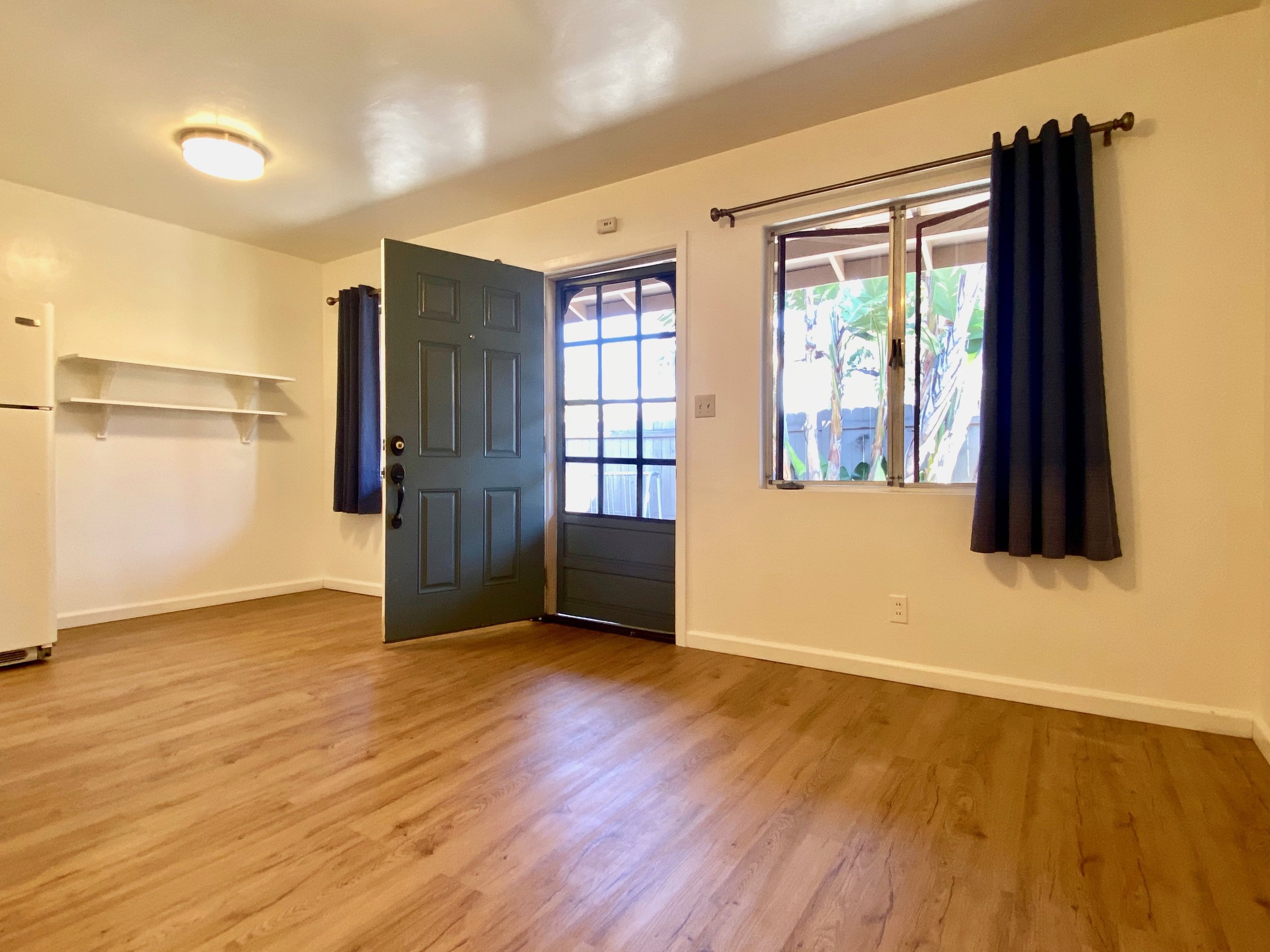 Interior of a room with a wooden floor, white walls, an open dark green door, a window with dark blue curtains, and a sliding glass door leading outside.