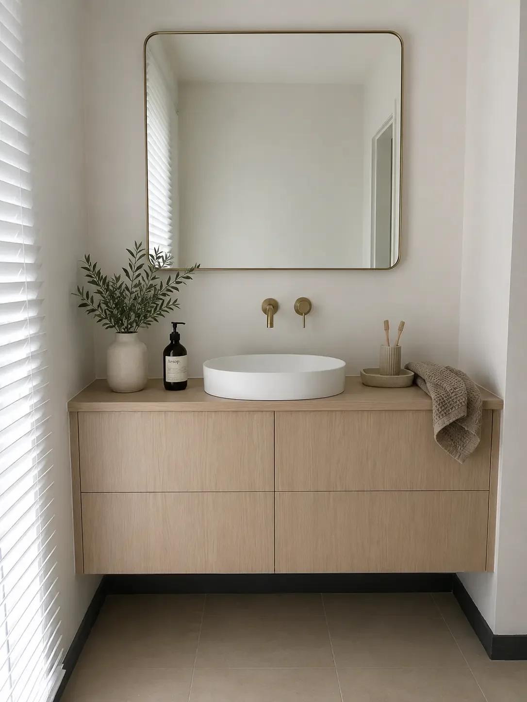 Floating timber bathroom vanity with round basin