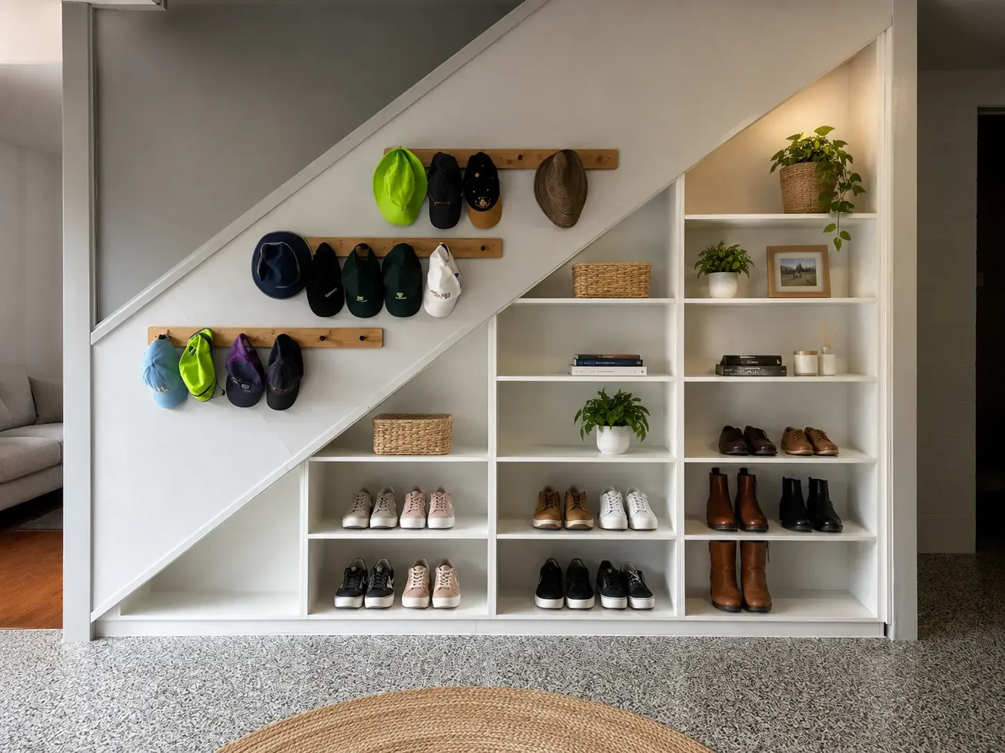 Custom under-stair storage with shelving, shoe storage and hooks for everyday items.
